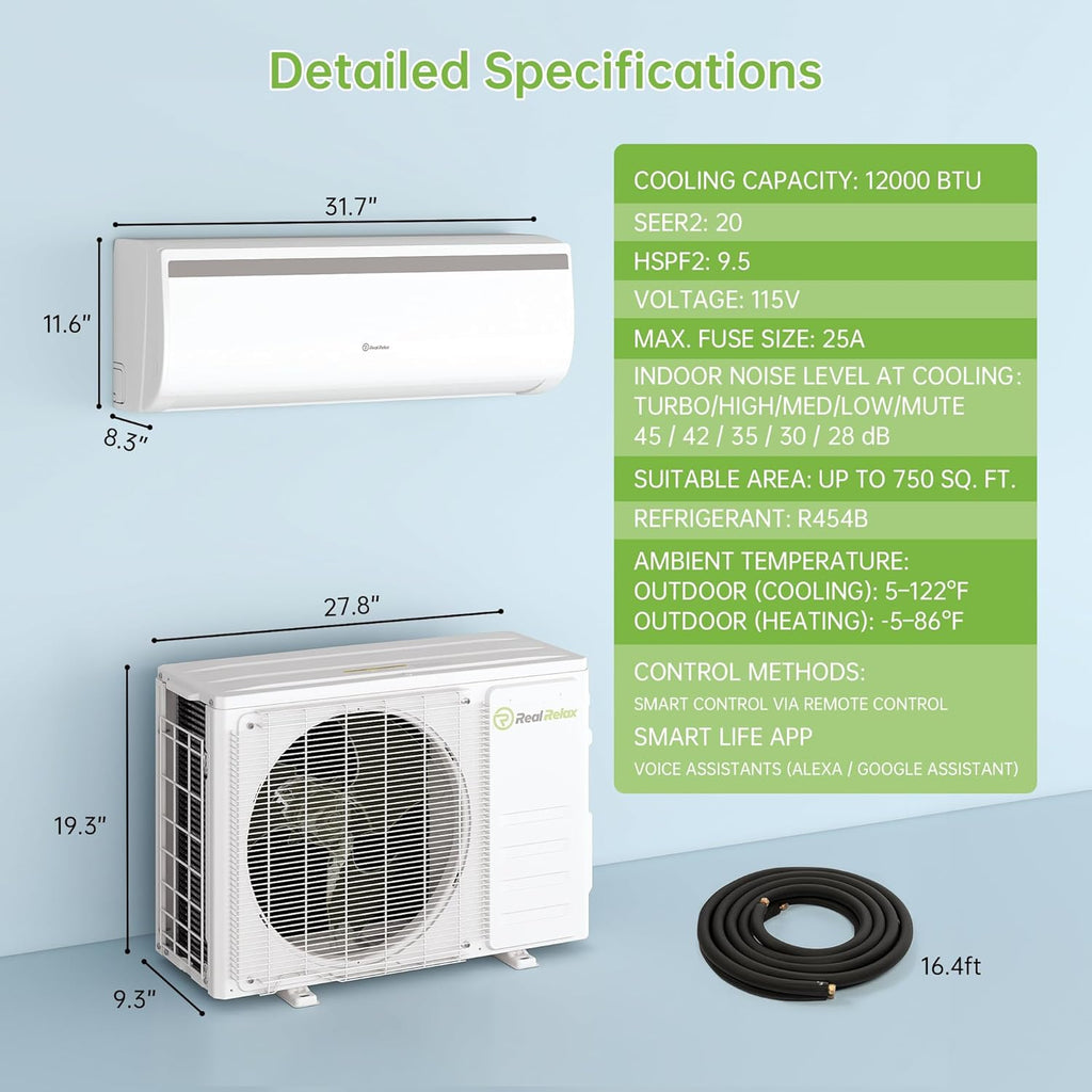 Real Relax 12000 BTU Mini Split Air Conditioner & Heater, 20 SEER2, 115V Inverter, Cools & Heats Up to 750 Sq.Ft, WiFi & Alexa Compatible, R454B Refrigerant, Included Installation Kit Ductless
