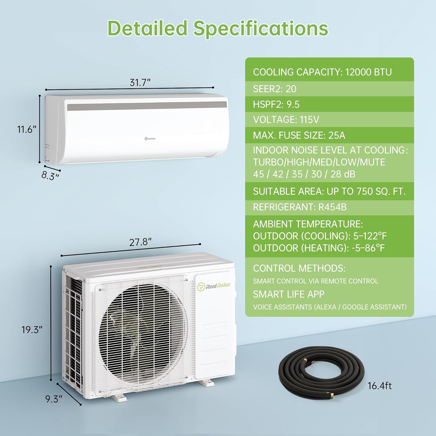 Real Relax 12000 BTU Mini Split Air Conditioner & Heater, 20 SEER2, 115V Inverter, Cools & Heats Up to 750 Sq.Ft, WiFi & Alexa Compatible, R454B Refrigerant, Included Installation Kit Ductless