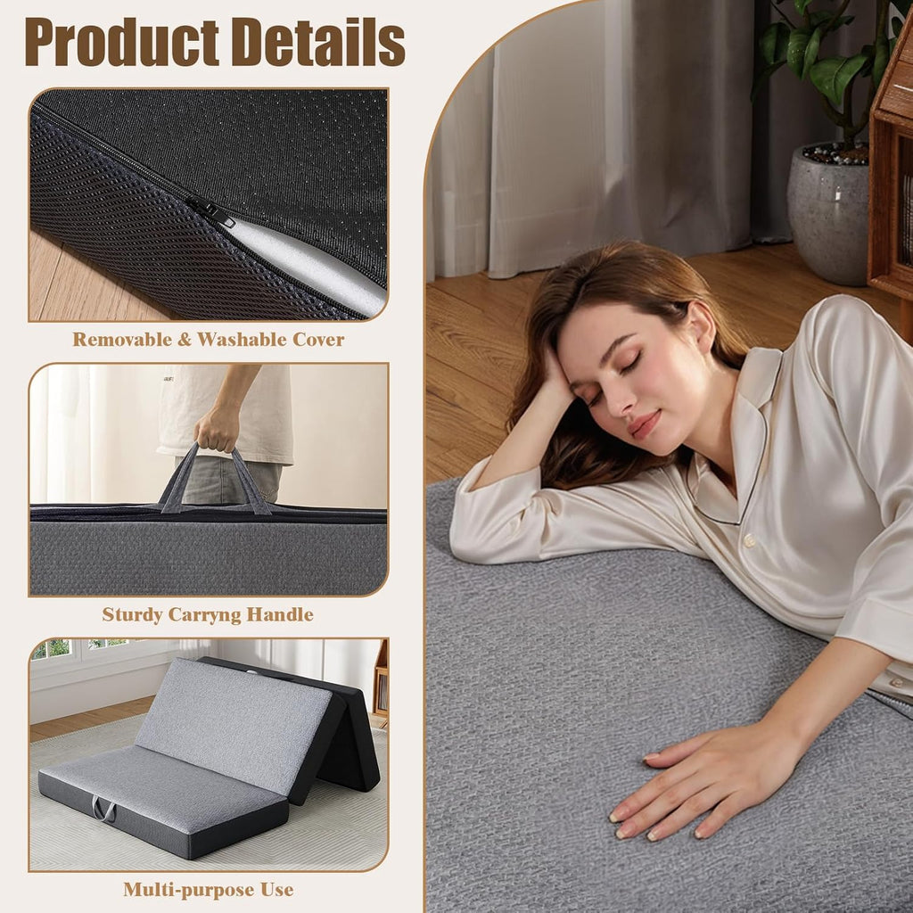 Trifold Mattress Queen Size 6 Inch - Foldable Memory Foam Mattress for Camping, Travel, RV, Guest Bed & Yoga - No Slip Bottom, Washable Cover with Handles - Portable Folding Floor Cushion 78"x58"x6"