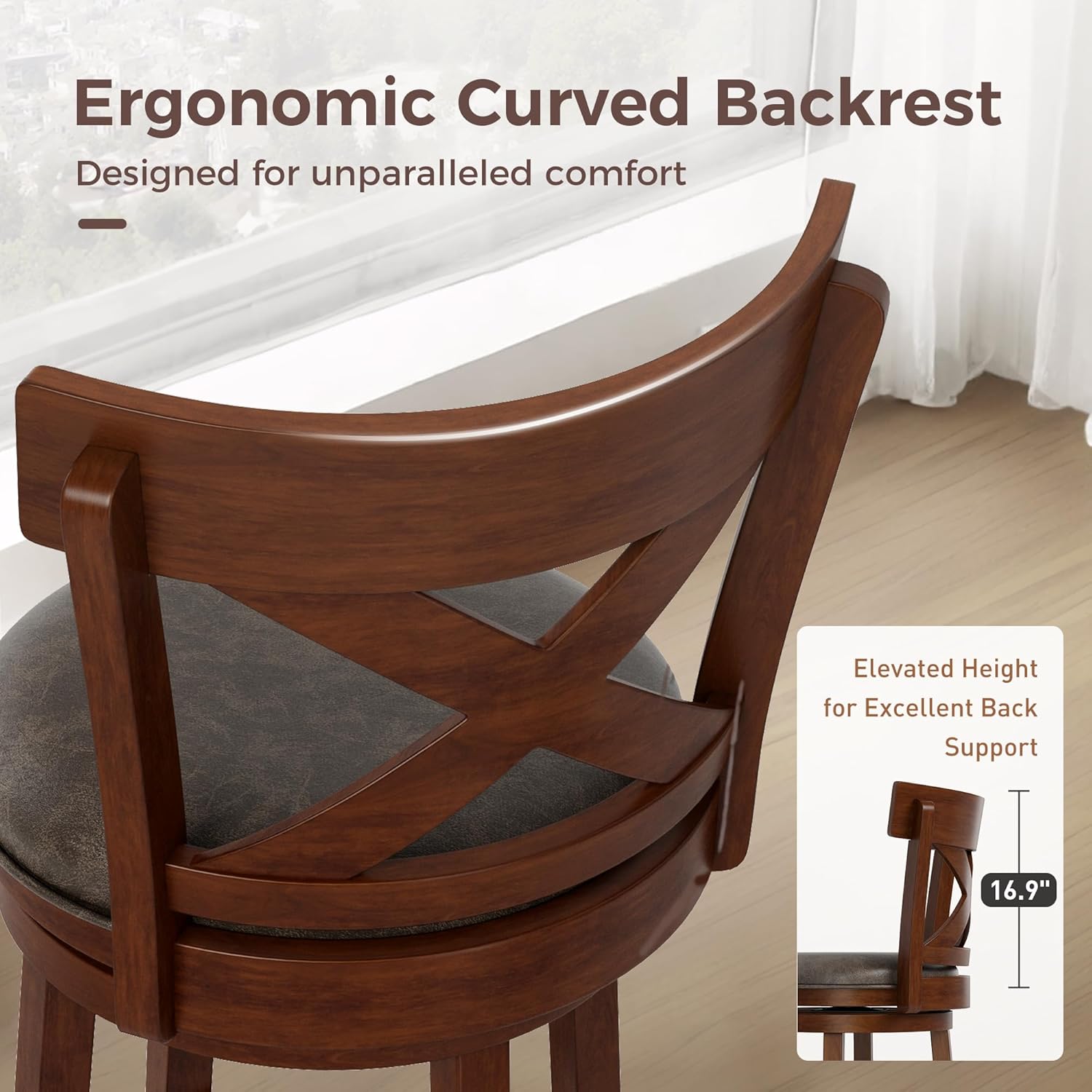 MAISON ARTS Swivel Bar Stools Set of 4, 30 Inch Bar Height Barstools with Backs, PU Leather Upholstered Seat Wood Bar Chairs with Wrap-Around Footrest for Kitchen Island, Pub, Walnut