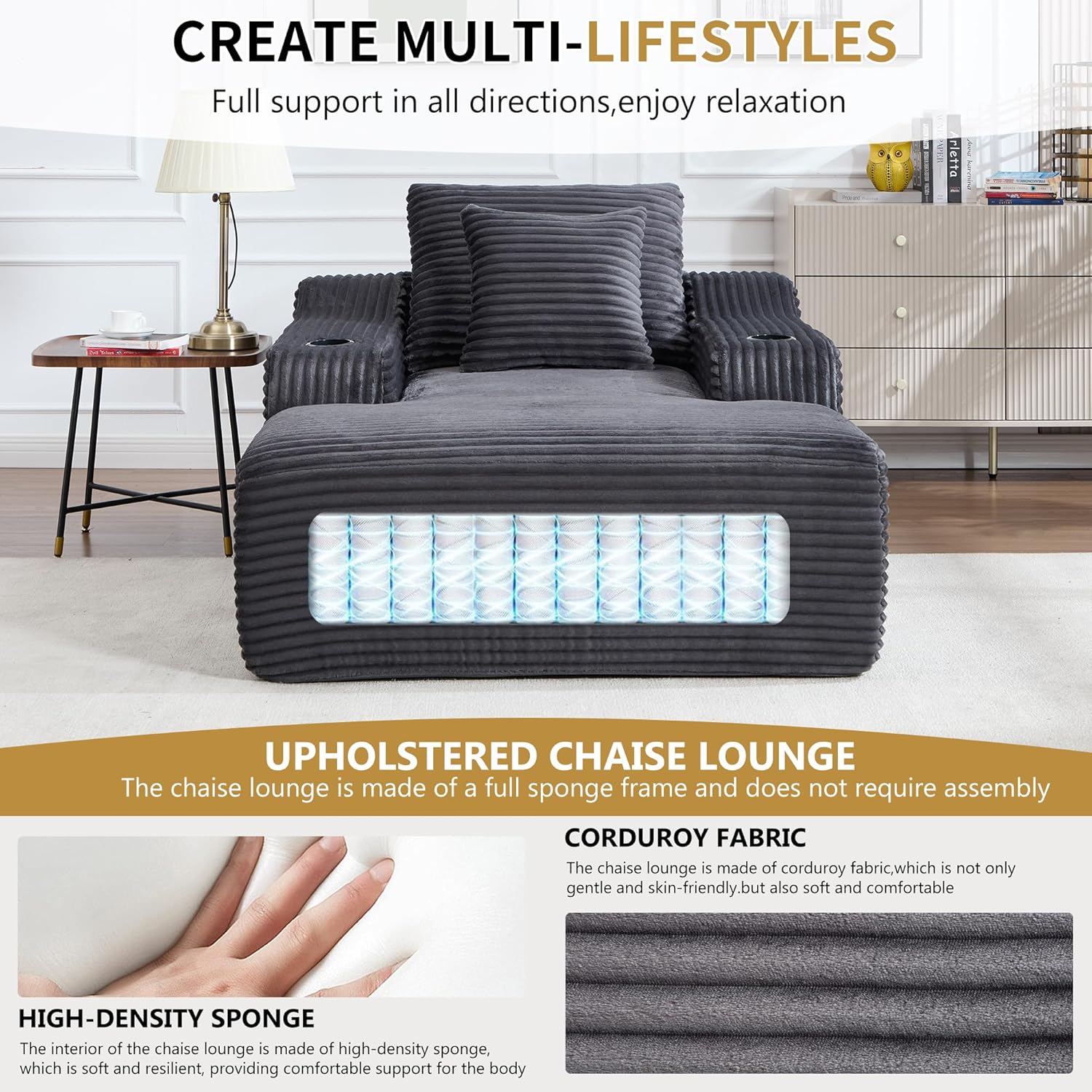 67" Oversized Chaise Lounge Chair Indoor, Soft Boneless Cloud Couch Chair with Wide Armrest Pillows and Cup Holders, Comfy Corduroy Sofa Bed Sleeper Couch for Living Room No Assembly Require,Dark Grey