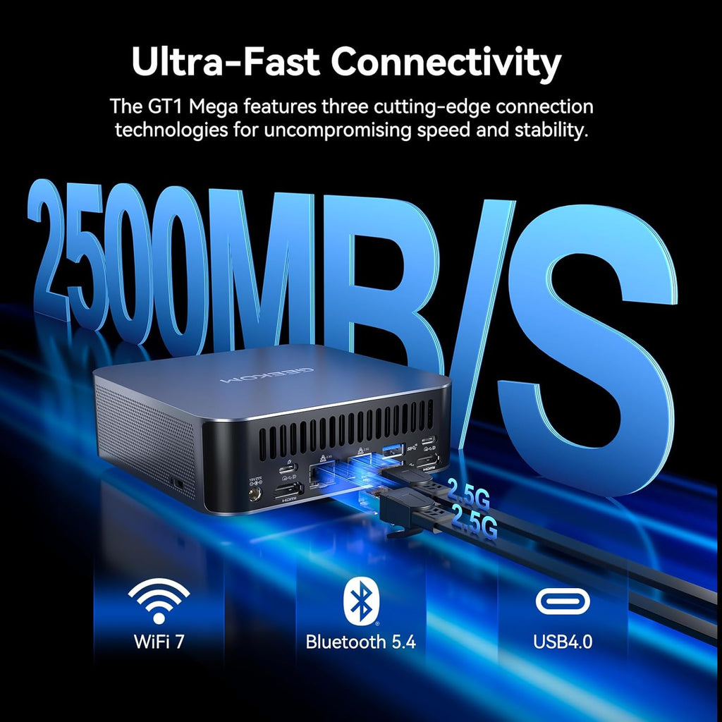 GEEKOM GT1 Mega AI Mini PC  with Intel 14th Gen Core Ultra 9 185H | 32GB DDR5 1TB NVMe SSD | Intel Arc Graphics | Dual 2.5G LAN & WiFi 7 | 8K Quad Display | Windows 11 Pro | 3-Year Warranty | SD Solt