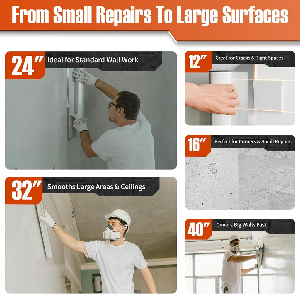 Professional Drywall Skimming Blade Kit (12", 16", 24", 32" & 40"), Stainless Steel Wall Finishing Tools with Extension Pole, Roller & Putty Knife, Lightweight Set with Carrying Case
