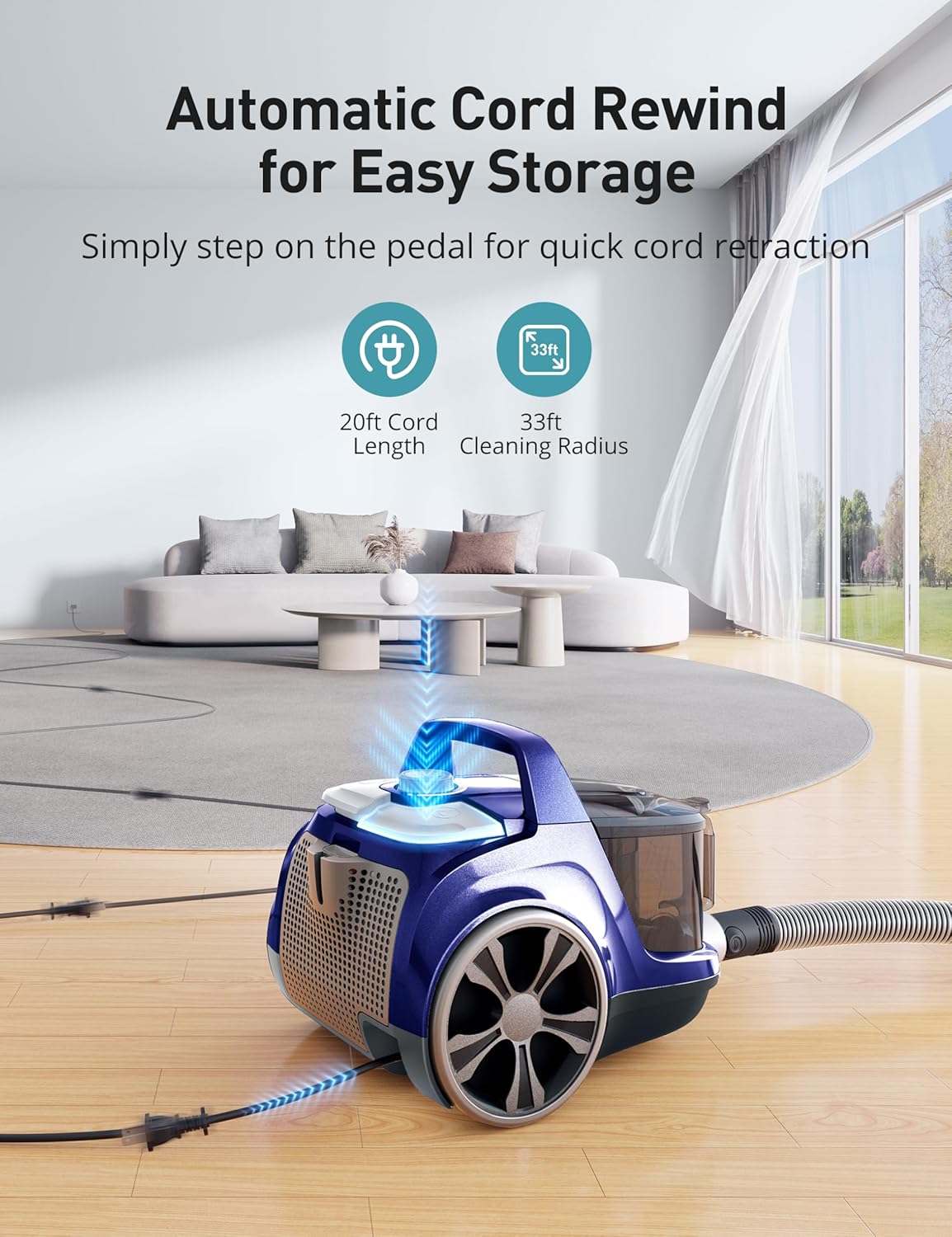 Aspiron Canister Vacuum Cleaner, 40Kpa Bagless Vacuum Cleaners, 4QT Large Dust Cup, Double HEPA Filter, Retractable Cord, 1600W Lightweight Vacuum Cleaner with 5 Tools for Hard Floors, Cobalt