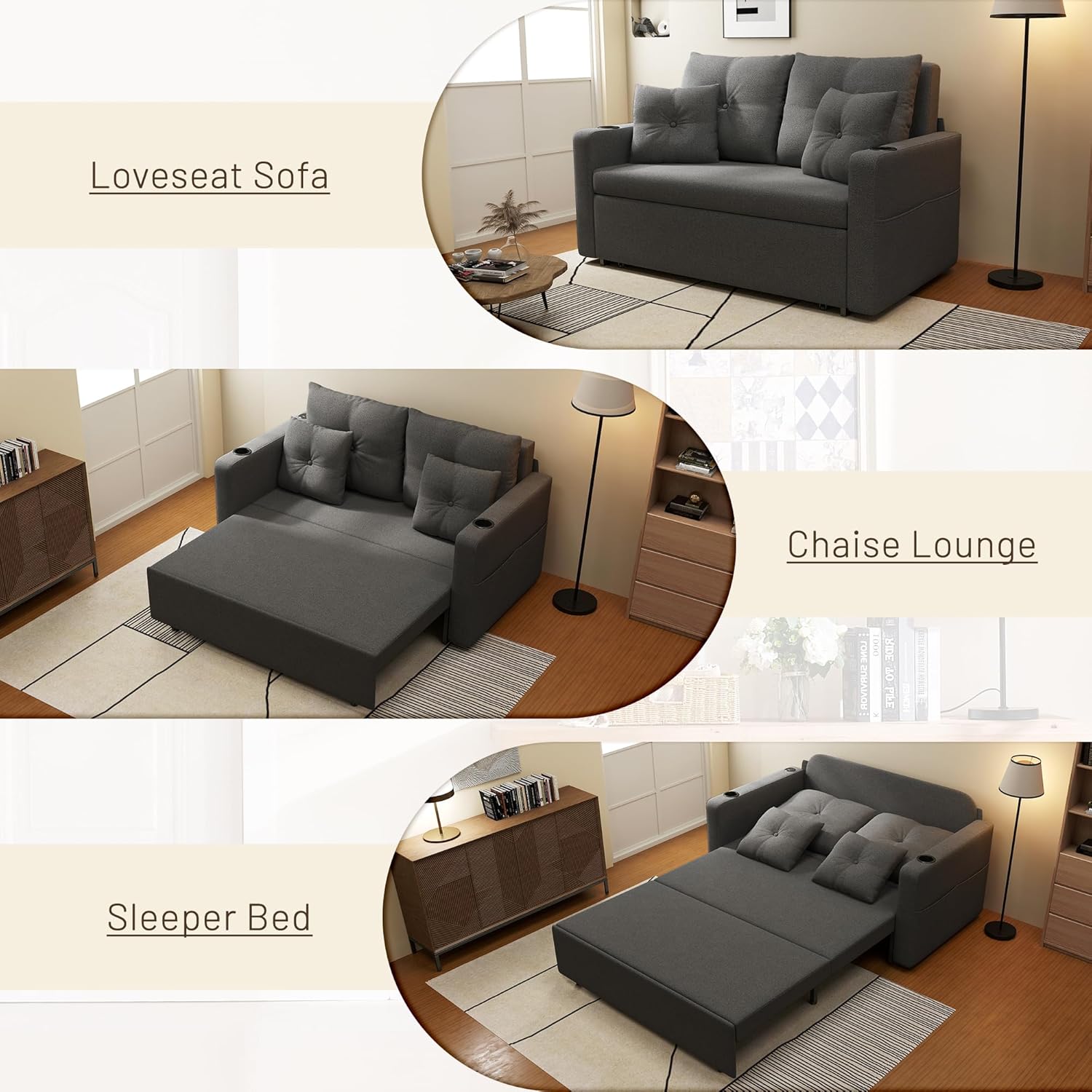 3 in 1 Sofa Bed, 56 Inch Convertible Pull Out Couch, Loveseat Sleeper Sofa with Cup Holders, USB, Sofa Couches for Living Room, Bedroom, Apartment, Dark Grey