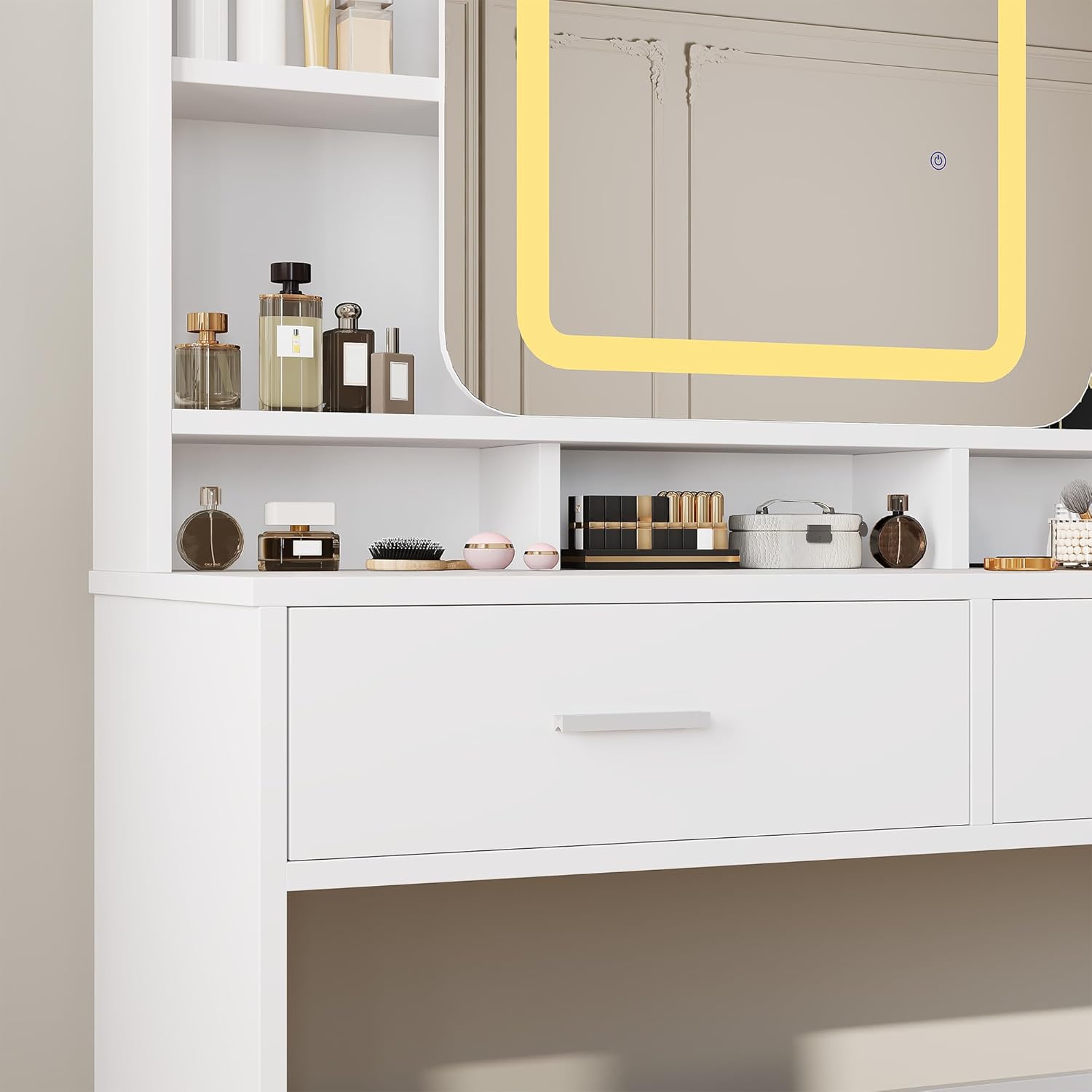 Dressing Table White Glam Vanity Set with Sliding Mirror & Stool, Vanity Desk with Mirror Features 3-Color LED Lights, USB Charging Hub, 2 Drawers & Storage Shelves, Perfect Dressing Table for Bedroom