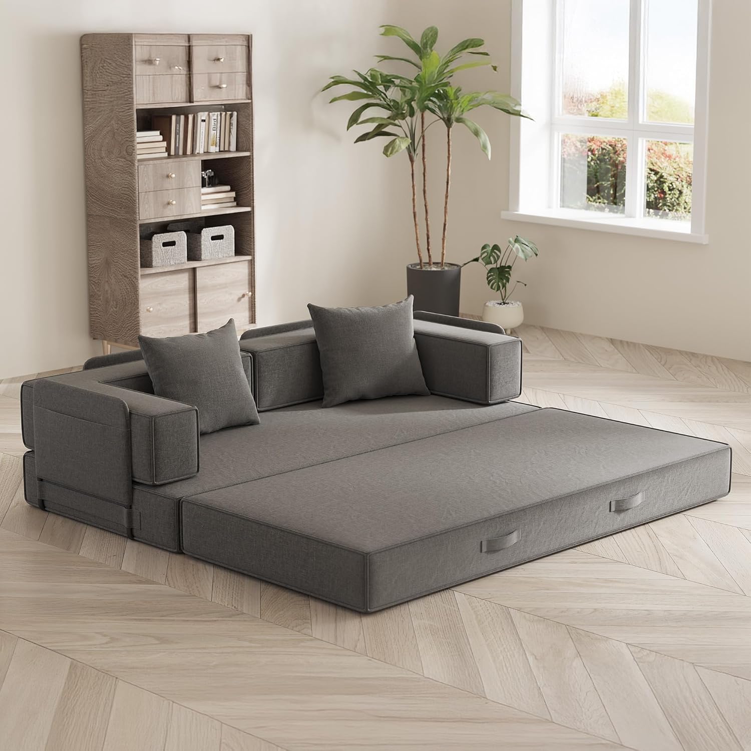 4-in-1 Convertible Sofa Bed, 82“ Compression Sofa with Chenille Fabric Pull Out Sleeper Sofa with 2 Pillows & 4 Side Pockets for Living Room Bedroom Apartment, No Assembly Required, Dark Grey