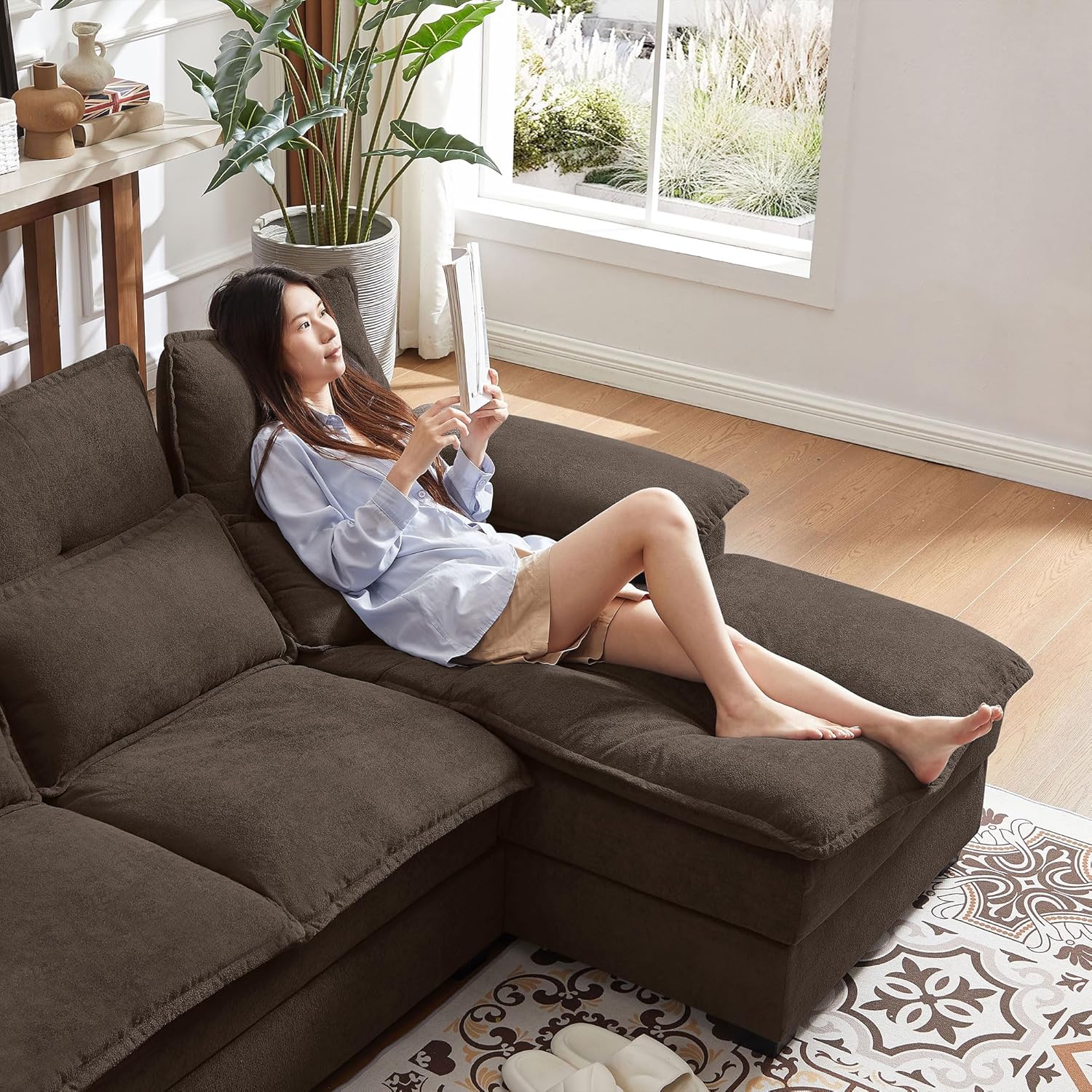 Comfy Cloud Couch Sectional Sofa with Lumbar Pillows, Modern U-Shaped Cloud Sofa with Double Chaise & Deep Seat 4 Seat Sectional Couch for Living Room, or Office, Easy Assembly, Dark Coffee