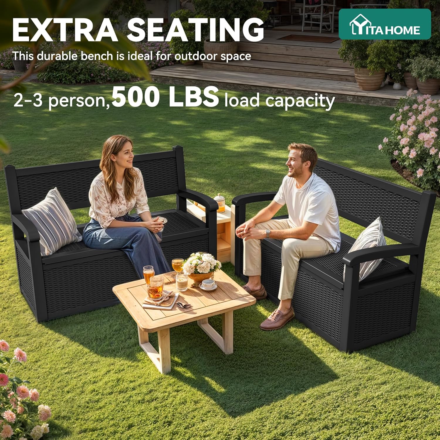 YITAHOME 70 Gallon Deck Bench with Storage  Outdoor Storage Box Bench with Armrests for Patio Garden Pool Porch  Waterproof&Lockable  Black