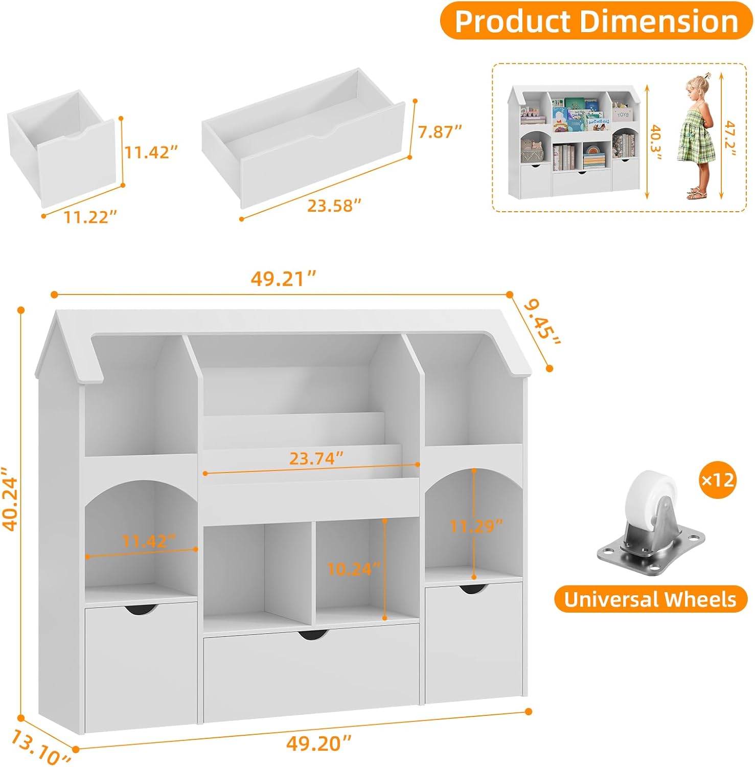 Kids Bookshelf with Toy Storage, Castle-Shaped Bookshelf with 3 Movable Drawers and LED Lights, Toy Storage Organizer with 3-Tier Book Rack for Kids Room, Playroom, Nursery