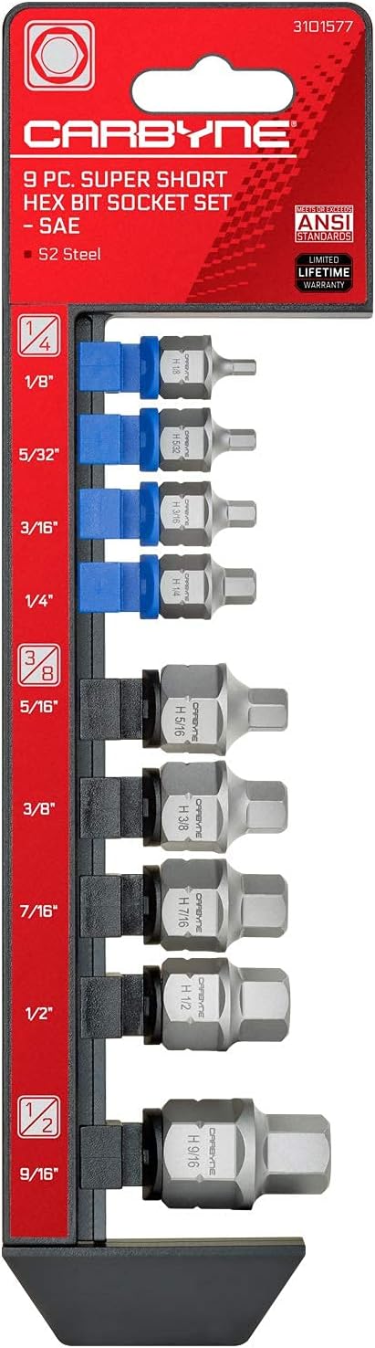 CARBYNE 9-Piece Stubby Low Profile Hex Bit Socket Set SAE S2 Steel Super Short Allen Sockets with Dual Drive Internal Square and External Hex for Tight Confined Spaces