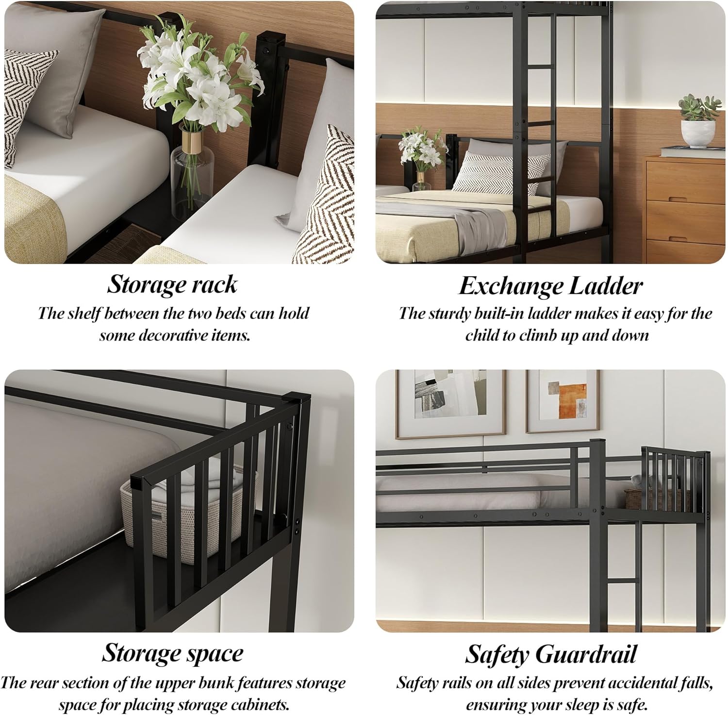 Bellemave Triple Bunk Bed for Kids, Detachable Twin Over Twin Over Twin Metal Bunk Bed with Guardrails, Ladder & Storage, Converts to 3 Separate Twin Beds, Easy to Assemble (3 Bunk Beds for Kids)