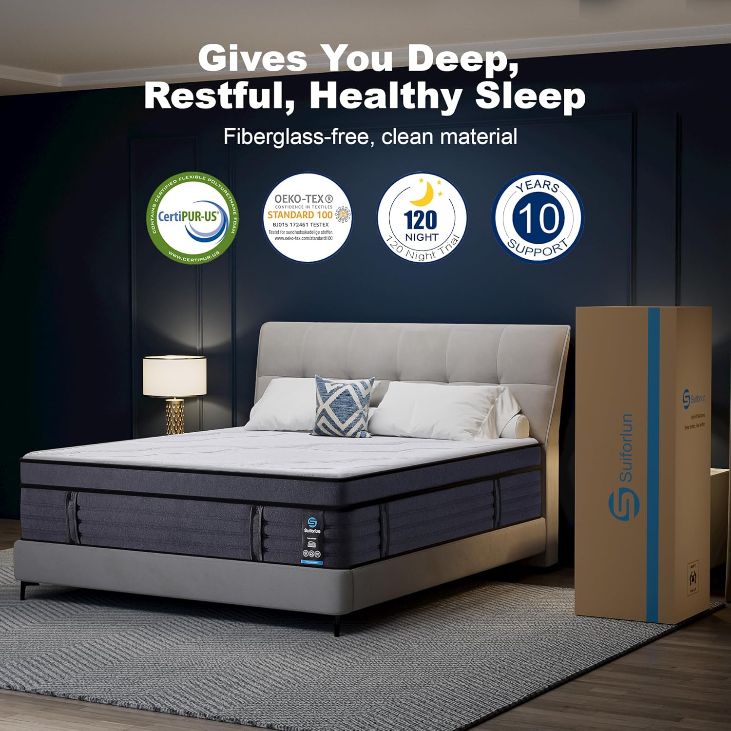 Suiforlun Queen Mattress, 15 Inch Fiberglass-Free Hybrid Charcoal Gel Memory Foam Mattress with 7 Premium Layers and Upgraded Edge Support Pocket Coils, Medium-Firm