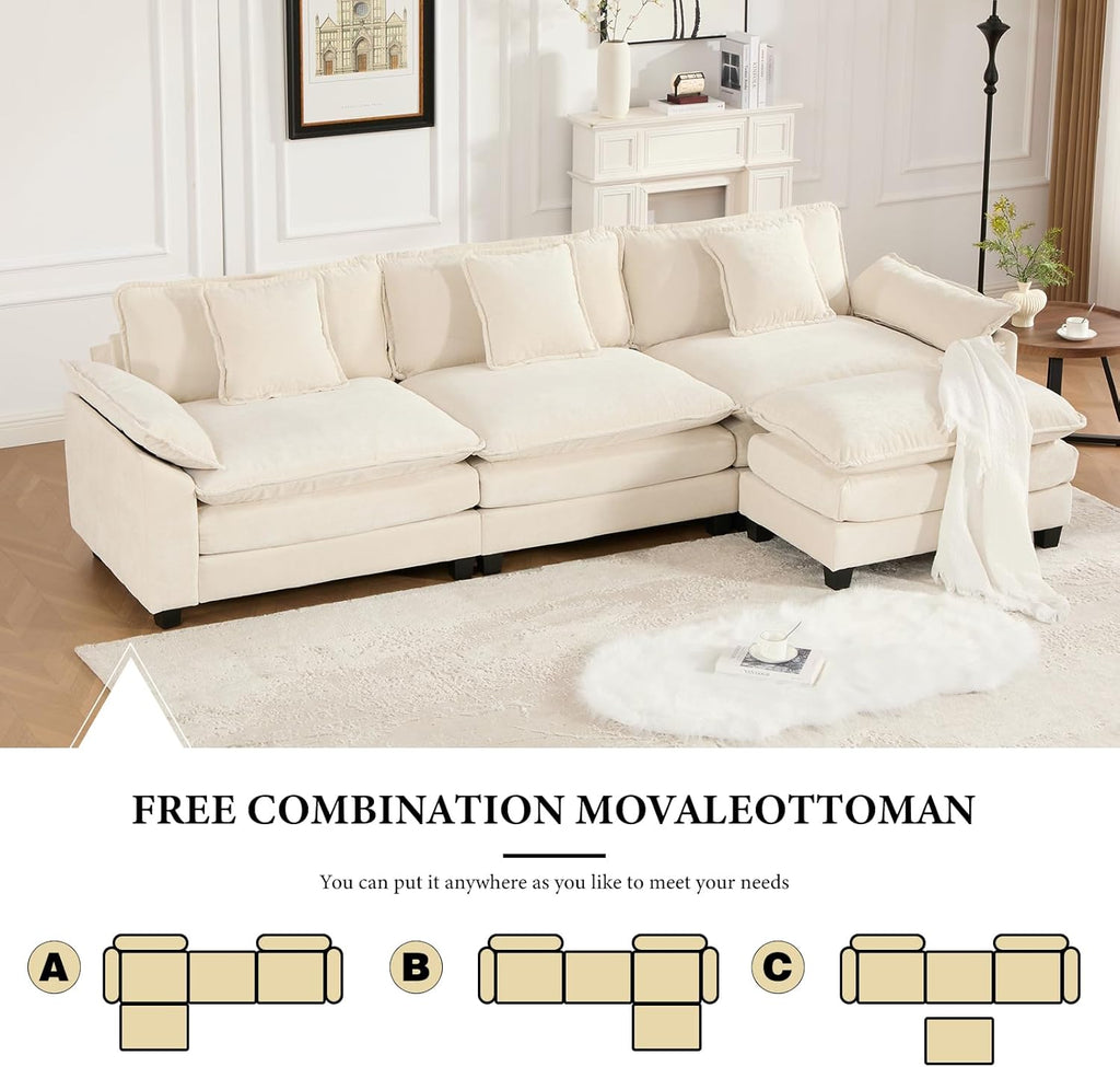 117.3” Beige Modular Sectional Sofa, 3 Seater Large Sectional Couches for Living Room, Chenille Fabric Oversized Cloud Couch with Ottoman, Deep Seat Wide Armrest Home Sofas Set, Sofá Moderno, L Shaped