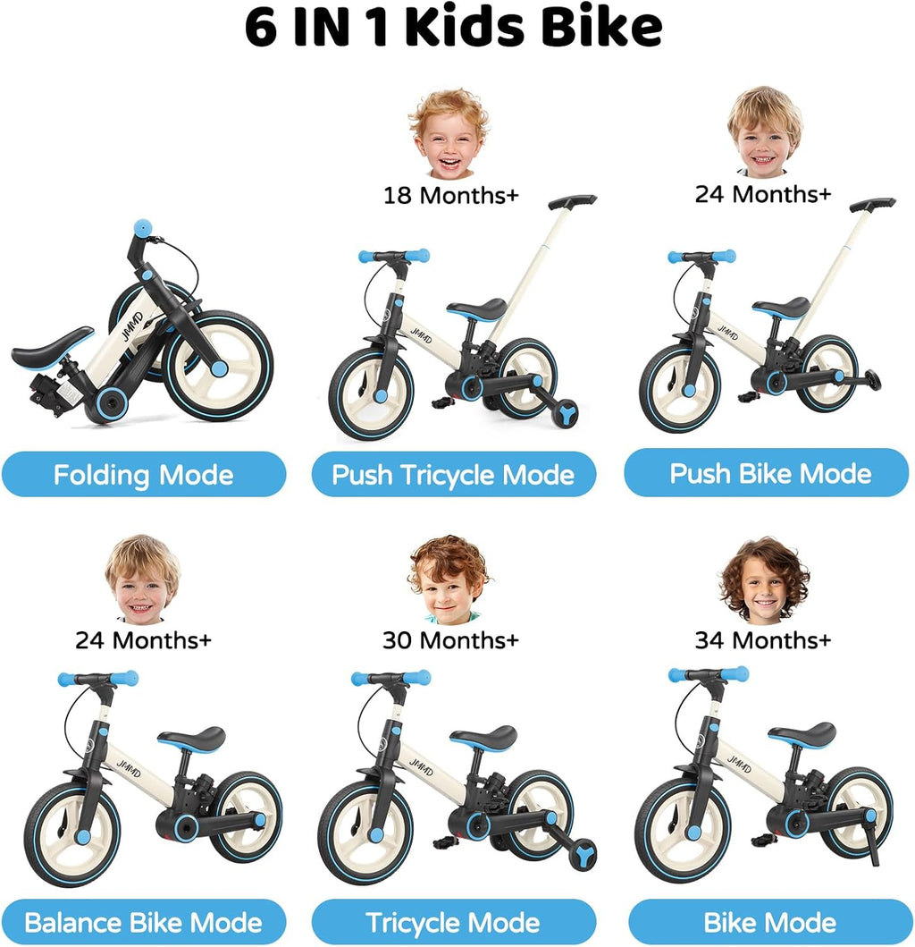 JMMD 6 in 1 Toddler Bike with Push Handle for Kids 18-60 Months, 12" Foldable Balance Bike with Training Wheels, Pedals, Brakes, Kickstand, Push Tricycle Toddler Gift & Toys for Boy & Girl