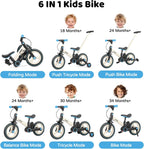 JMMD 6 in 1 Toddler Bike with Push Handle for Kids 18-60 Months, 12" Foldable Balance Bike with Training Wheels, Pedals, Brakes, Kickstand, Push Tricycle Toddler Gift & Toys for Boy & Girl