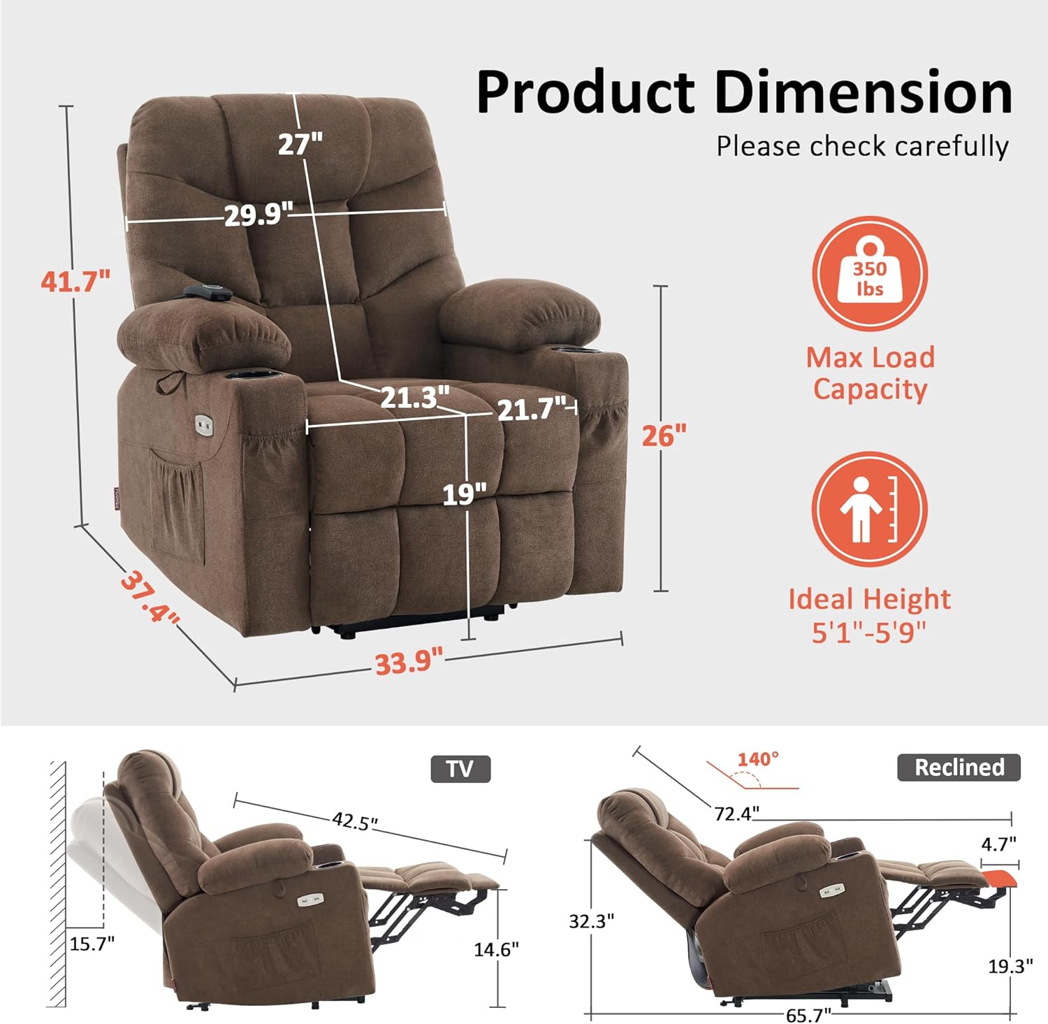MCombo Power Lift Recliner Chair with Extended Footrest for Elderly People, Fabric 7287/7087 (Brown, Medium)