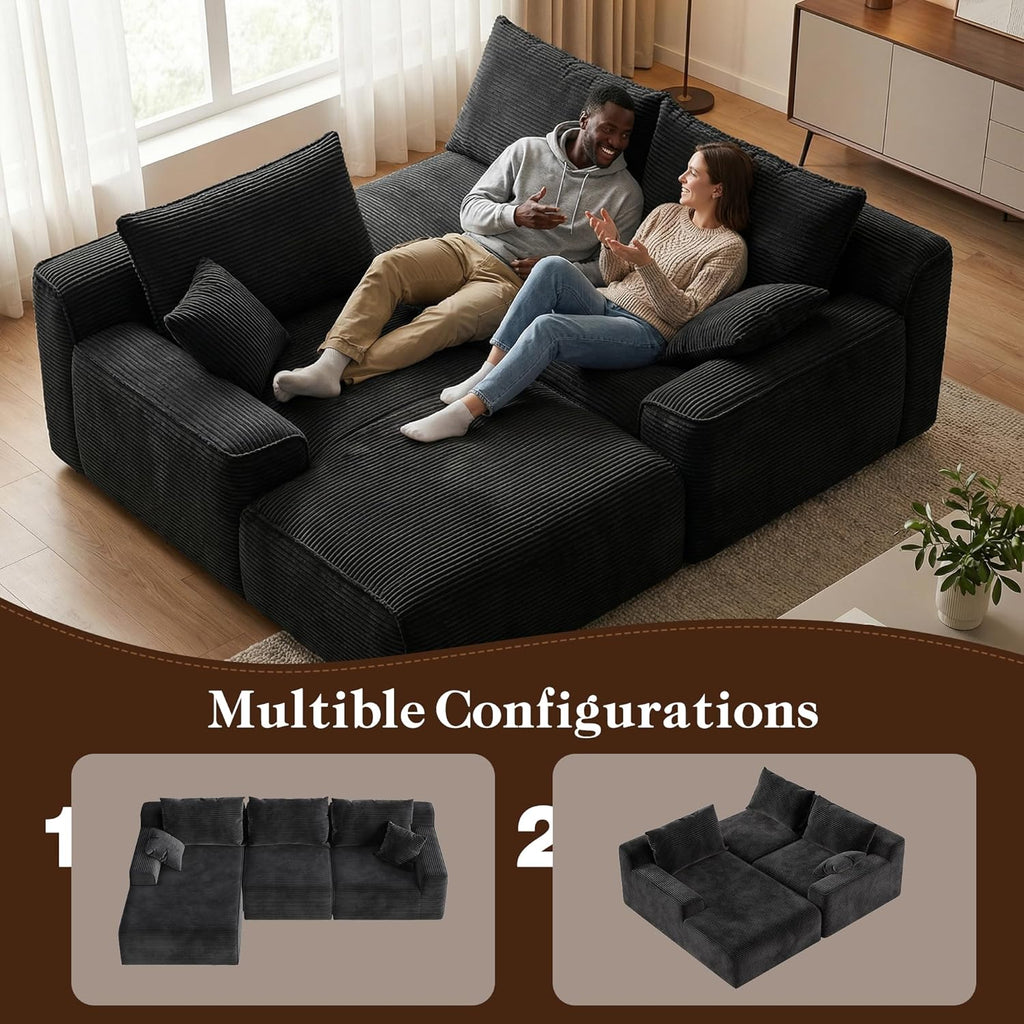97" L-Shaped Cloud Boneless Couch with Deep Seat, Modular Sectional Sofa with Chaise, Flexible Module Combination for Living Room, Bedroom, No Assembly (Black, Left Facing Chaise)