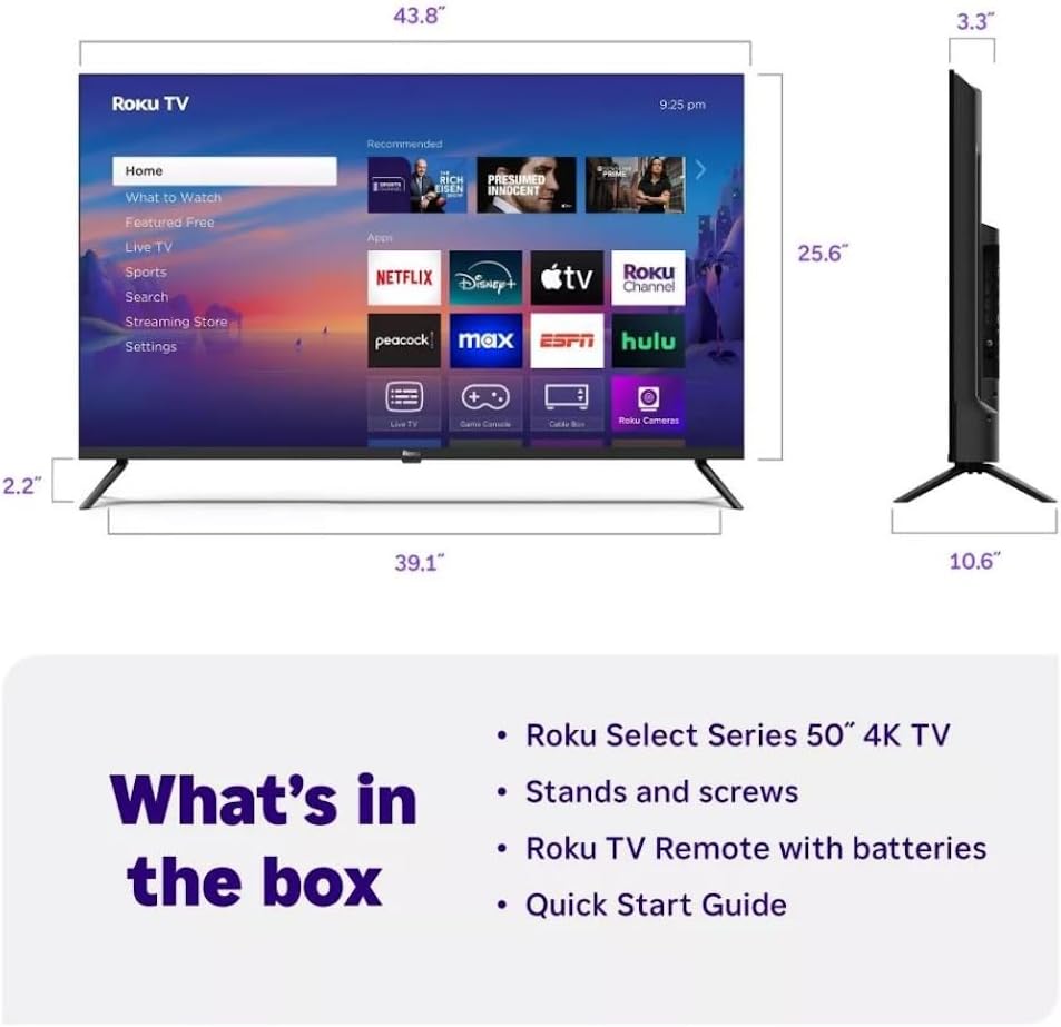 Roku 50" Select Series 4K HDR Smart TV TV Remote  60Hz  HLG  HDR10+  Google Assistant & Amazon Alexa Compatible - 50R4C4 (Renewed)