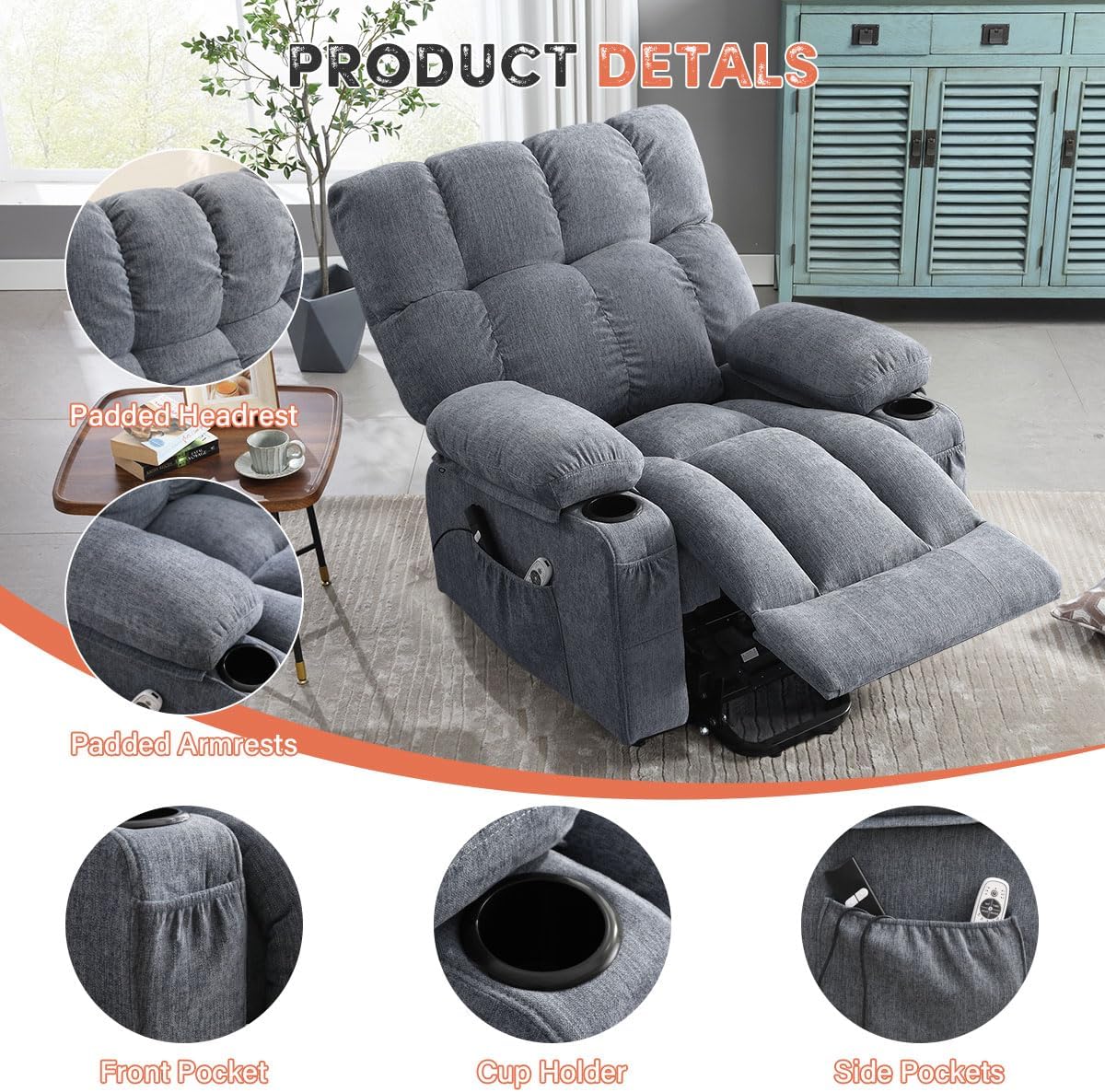 BOSMILLER Power Lift Recliner Chair with Massage and Heat for Elderly, Electric Recliner Single Sofa with Two Cup Holders, Extended Footrest, Side Pocket and USB Charge Port for Living Room