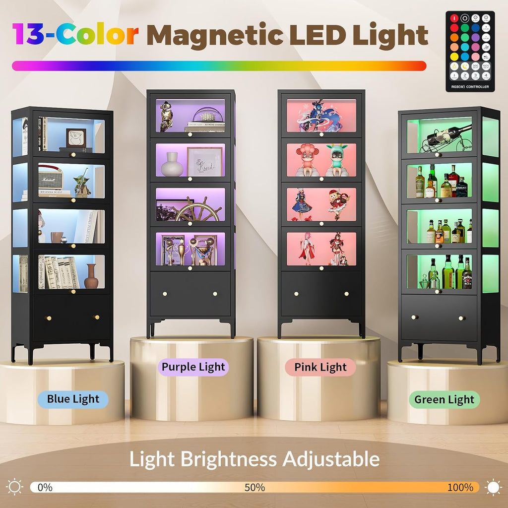 Display Cabinet with Glass Doors, 67" Metal Curio Cabinet with Drawer & 13-Color RGB LED Lights, 5-Tier Glass Display Case for Collectibles, Figure, Toys, Books, Black