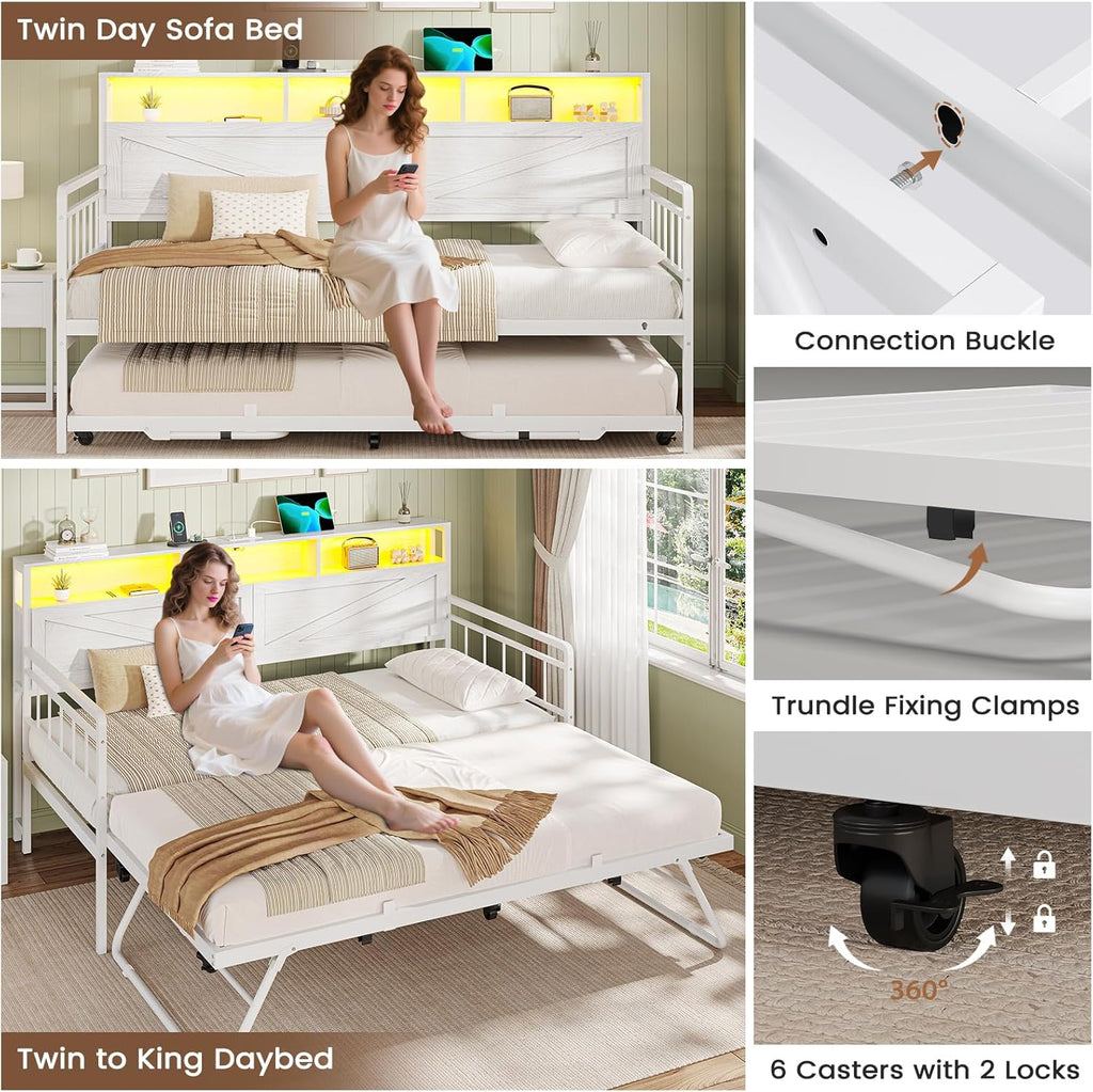 VIAGDO Day Bed with Trundle Bed Twin, Wood Day Bed with Hidden Storage Headboard, Farmhouse Daybed with Charging Station and LED Lights, Twin to King Daybed for Living Room, Guest Room, White