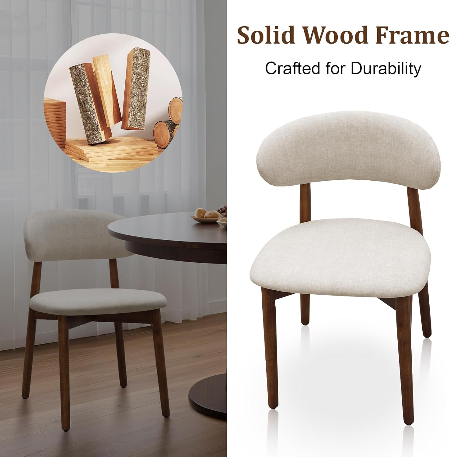 Farmhouse Dining Chairs Set of 4, Mid Century Modern Wooden Dining Room Chairs, Farmhouse Fabric Upholstered Kitchen Dinner Chairs for Living Room Restaurant Cafe, Walnut/Warm Grey