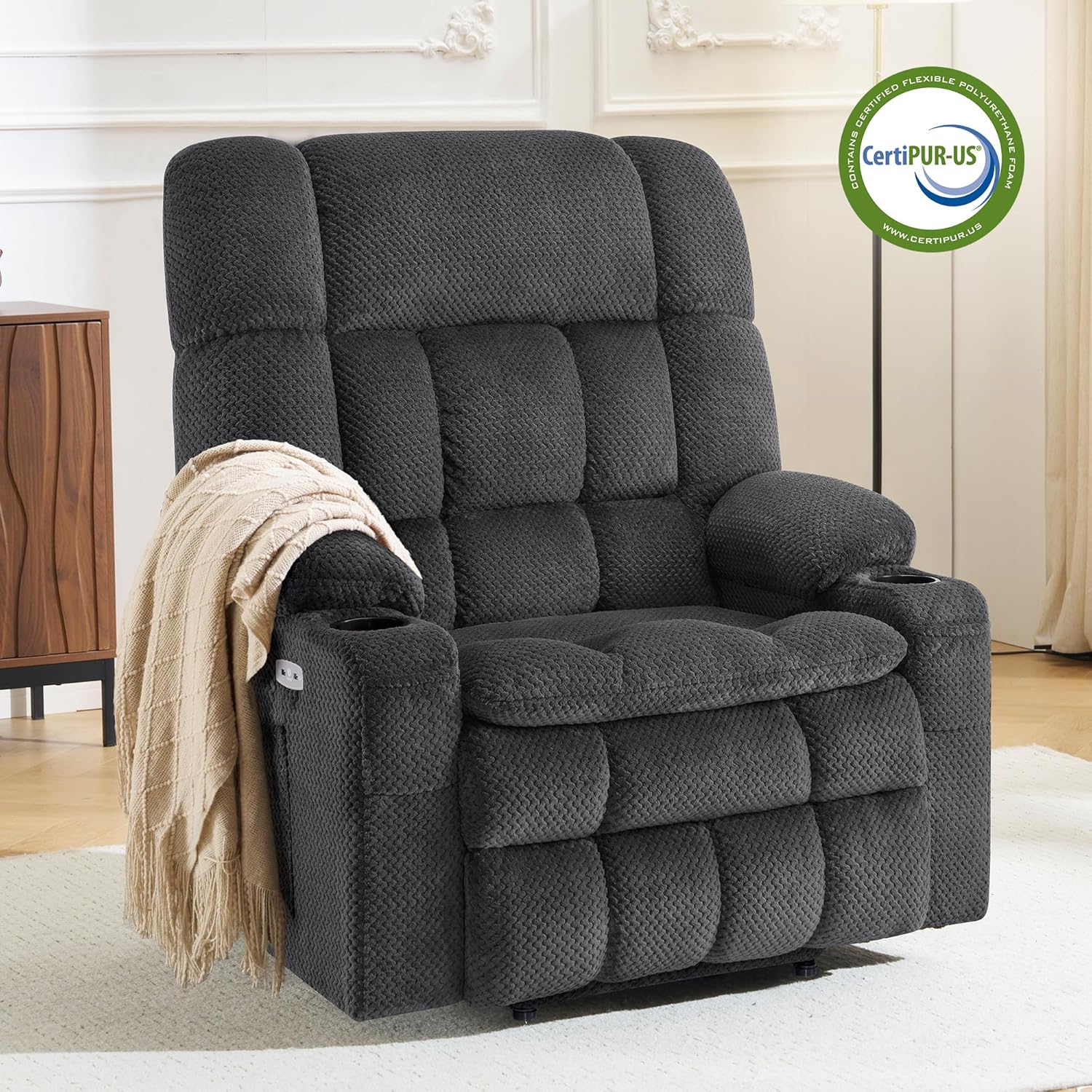 MCombo Oversized Power Lift Recliner Chair for Elderly, Dual Motor Lift Chair with Heat and Massage, Lay Flat Lift Chair for Big and Tall, Cup Holders, Fabric R7891 (Oversize, Dark Gray)