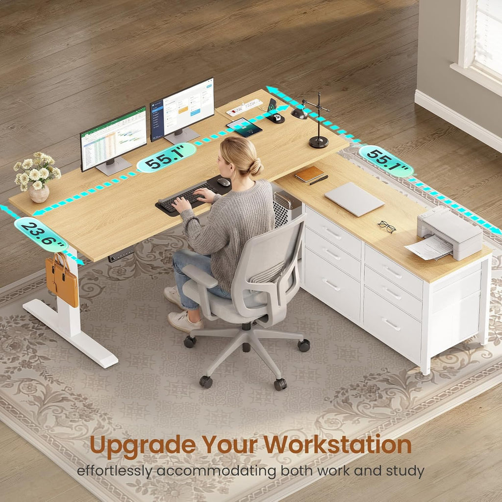SEDETA L Shaped Electric Standing Desk, 55" x 55" Height Adjustable Office Executive Desk with 6 Fabric Drawers and Storage Shelves, Sit Stand Computer Desk with Power Outlet for Home Office (Oak)