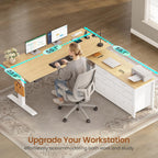 SEDETA L Shaped Electric Standing Desk, 55" x 55" Height Adjustable Office Executive Desk with 6 Fabric Drawers and Storage Shelves, Sit Stand Computer Desk with Power Outlet for Home Office (Oak)