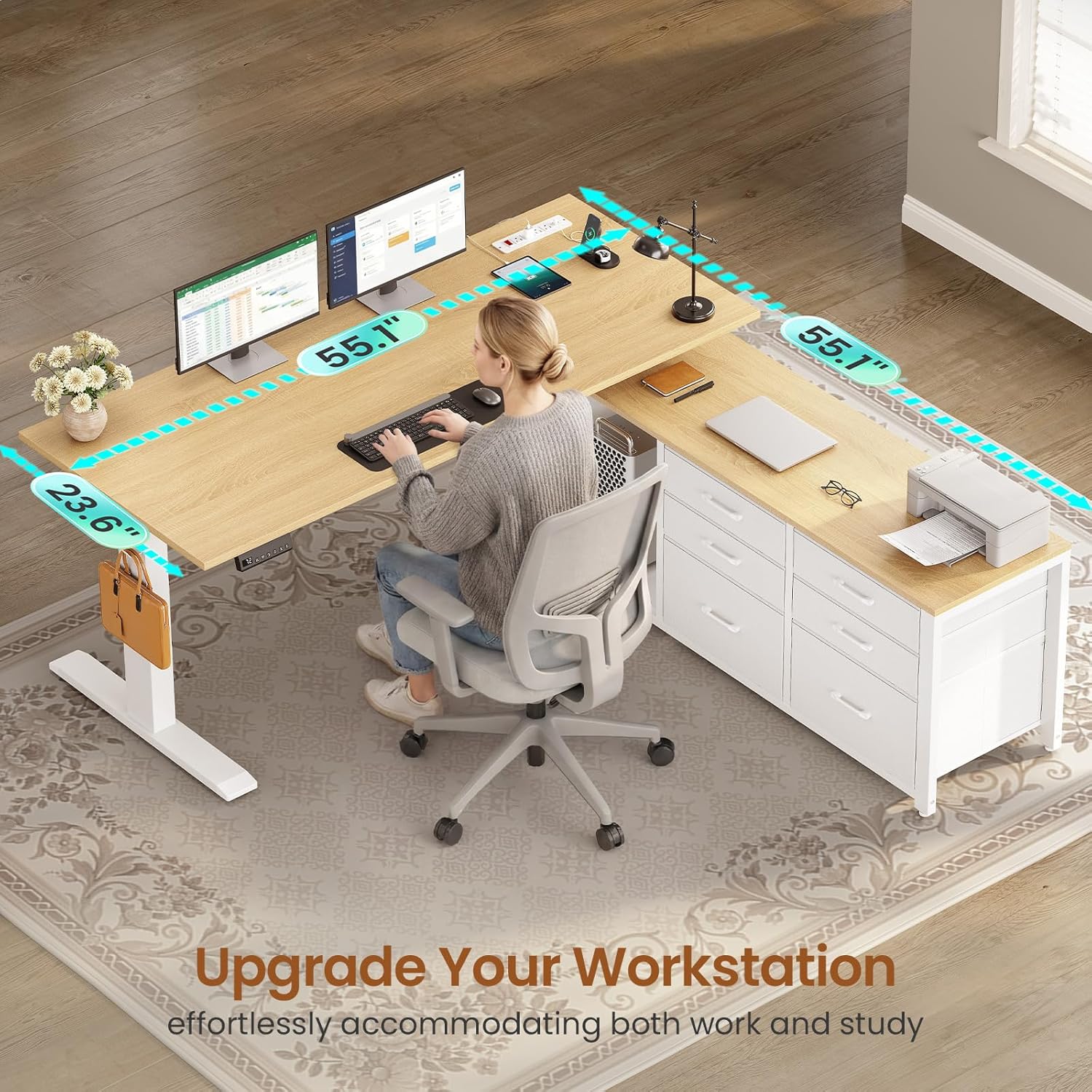 SEDETA L Shaped Electric Standing Desk, 55" x 55" Height Adjustable Office Executive Desk with 6 Fabric Drawers and Storage Shelves, Sit Stand Computer Desk with Power Outlet for Home Office (Oak)