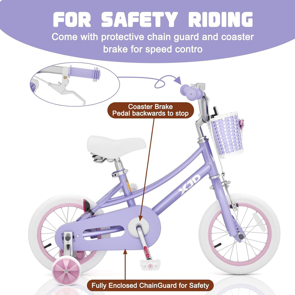 XJD Girls Bike for 3-12 Years Old Girls, 12 14 16 20 Inch Kids Bike with Training Wheels, Adjustable Seat Height, Coaster Brake, Streamers Basket