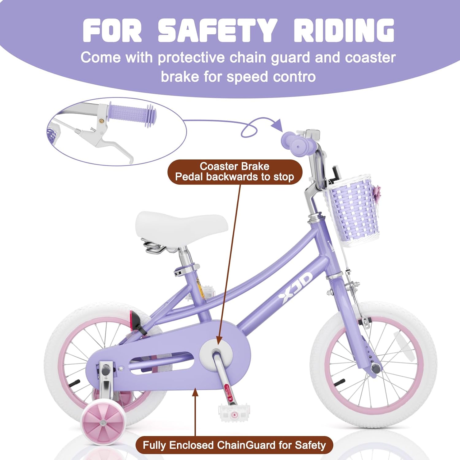 XJD Girls Bike for 3-12 Years Old Girls, 12 14 16 20 Inch Kids Bike with Training Wheels, Adjustable Seat Height, Coaster Brake, Streamers Basket