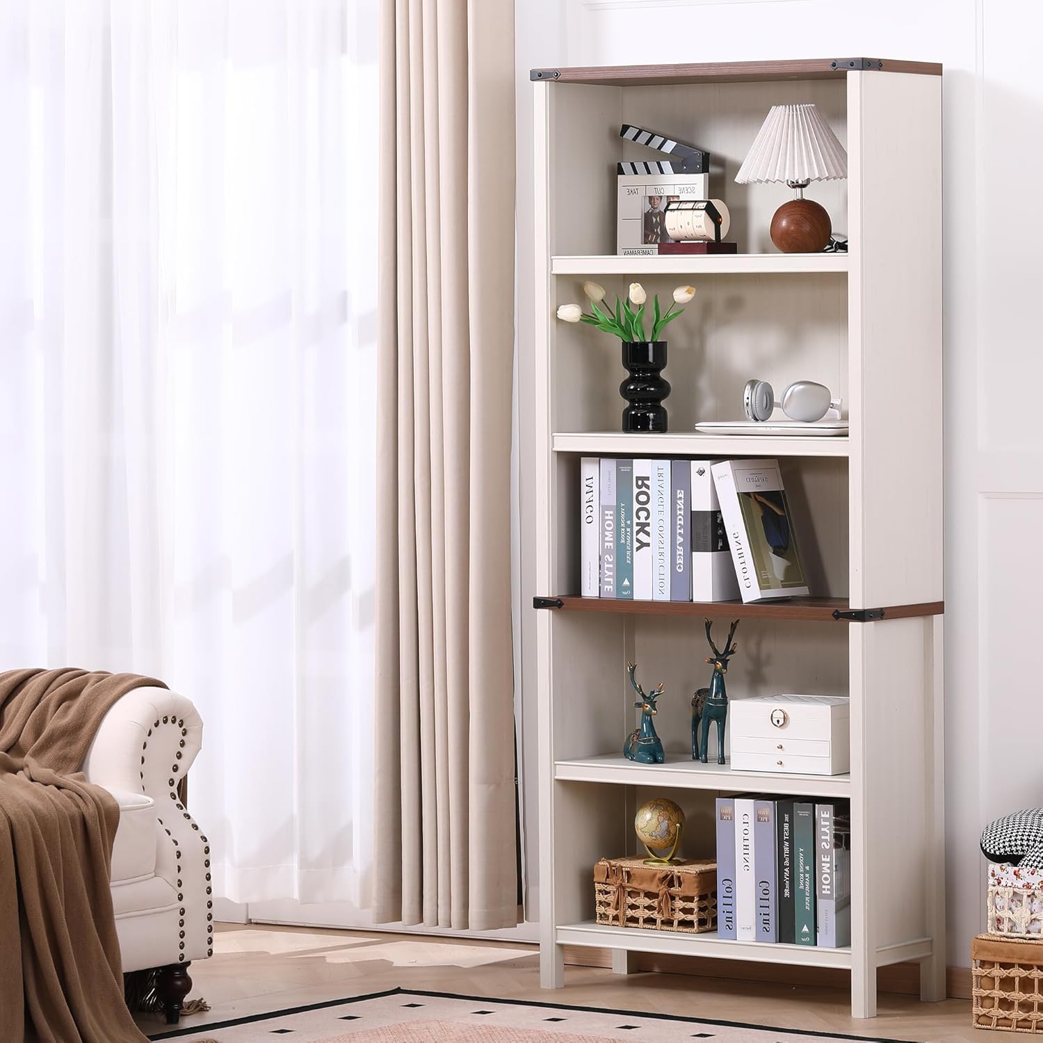 71" Tall Bookshelf, 5-Tier Farmhouse Bookcase, Free Standing Display Shelf & Storage Organizer for Living Room, Home Office, Bedroom,Antique White.