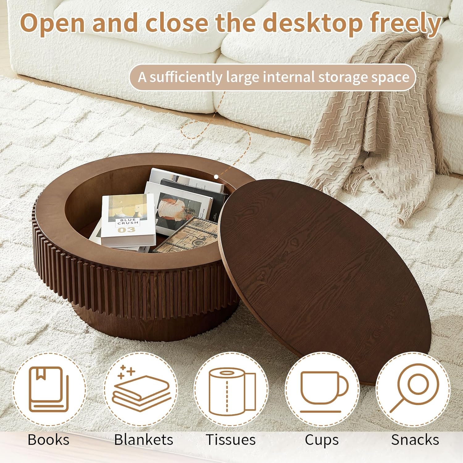 Round Coffee Table with Storage, Small Solid Wood Coffee Table for Living Room, Mid Century Modern Circle Center Tables for Small Space Apartment (31.5''D×14''H-Walnut)