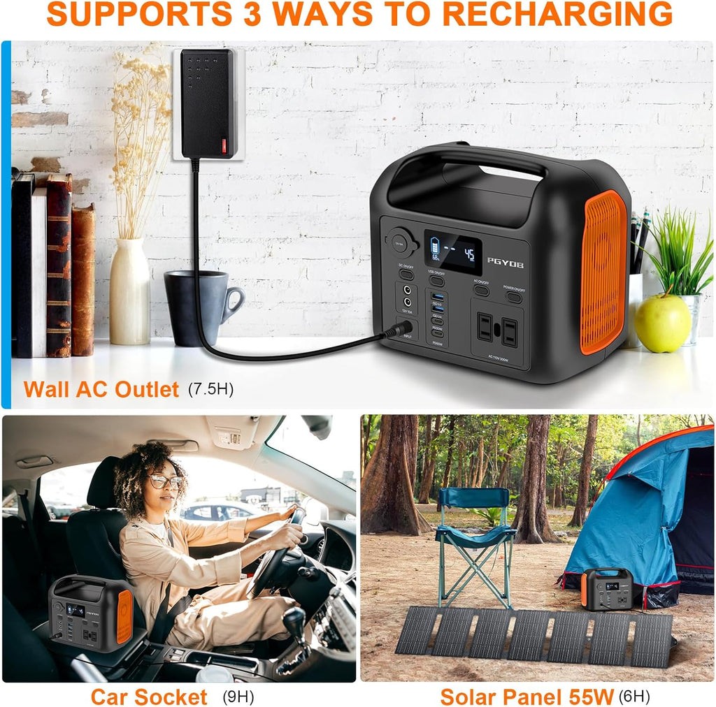 Portable Power Station with 55W Solar Panel  299Wh LiFePO4 Backup Battery 300W Pure Sine Wave AC (600W Peak) Car Outlets PD 60W QC3.0 Solar Generator Power Bank for Camping  Emergency  CPAP