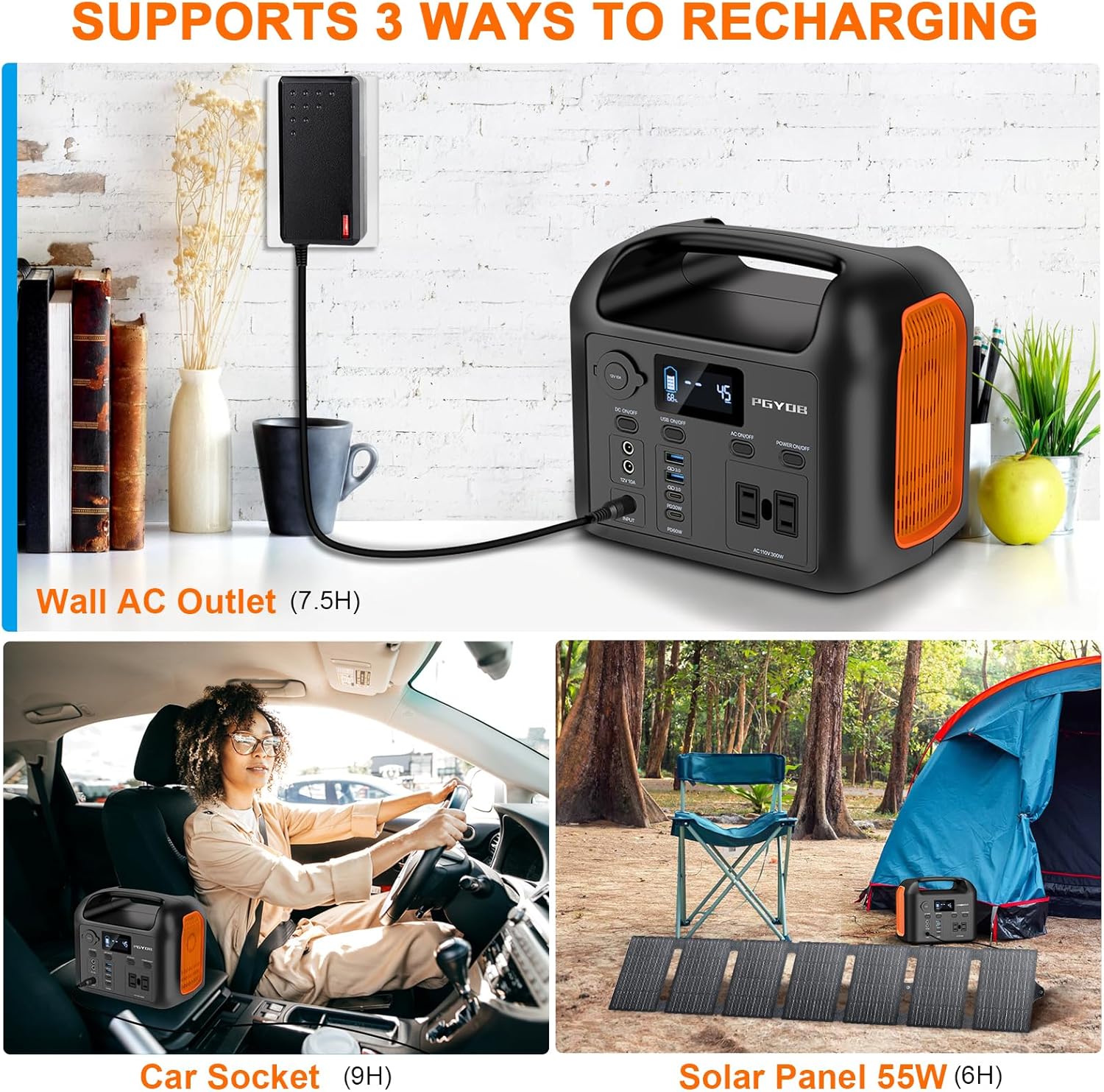 Portable Power Station with 55W Solar Panel  299Wh LiFePO4 Backup Battery 300W Pure Sine Wave AC (600W Peak) Car Outlets PD 60W QC3.0 Solar Generator Power Bank for Camping  Emergency  CPAP