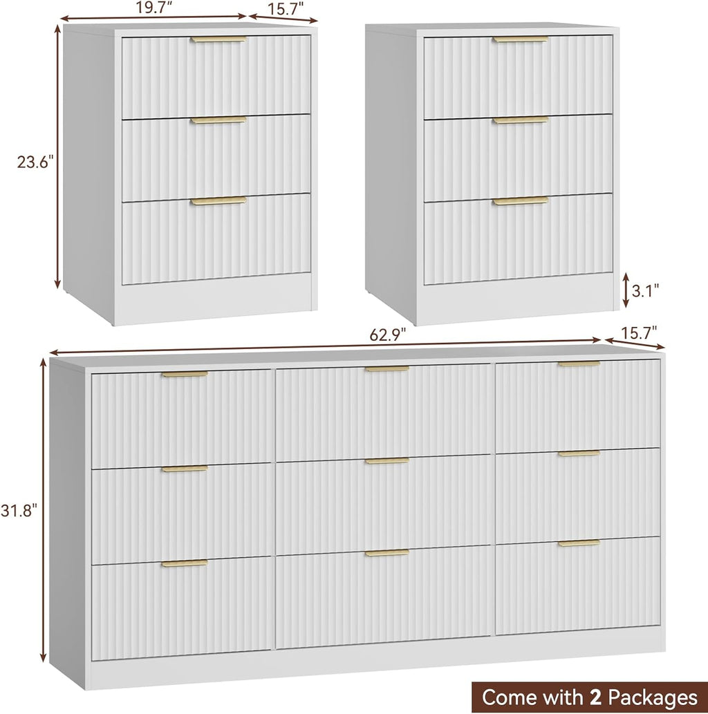 9 Drawer Fluted Dresser & Nightstand Set 3-Piece, 63” Long Dresser and Night Stand Set of 2, Fluted Modern Wood Chest of Drawers Storage Dressers Set for Bedroom, White