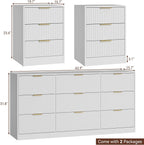 9 Drawer Fluted Dresser & Nightstand Set 3-Piece, 63” Long Dresser and Night Stand Set of 2, Fluted Modern Wood Chest of Drawers Storage Dressers Set for Bedroom, White