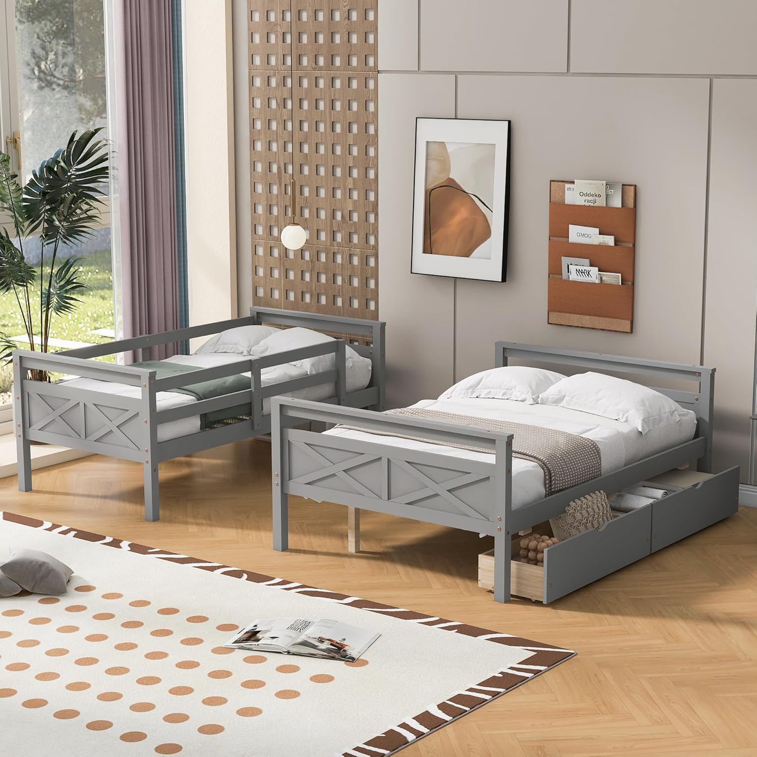 Merax Twin Over Full Bunk Bed with 2 Storage Drawers, Ladder and Guardrail, Can be Converted into 2 Separated beds, Grey