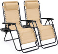 Sweetcrispy Zero Gravity Chairs, Set of 2 Portable Recliner Beach Camping Patio Outdoor Folding Lounge Chair with Cup Holder Trays and Adjustable Pillow for Poolside, Garden, Backyard, Lawn (Khaki)