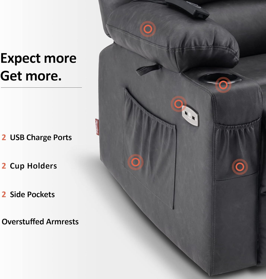 MCombo Power Lift Recliner Chair for Elderly, Lift Chair with Heat and Massage, USB &Type C Ports, Cup Holders, Faux Leather 7095 (Medium, Grey)