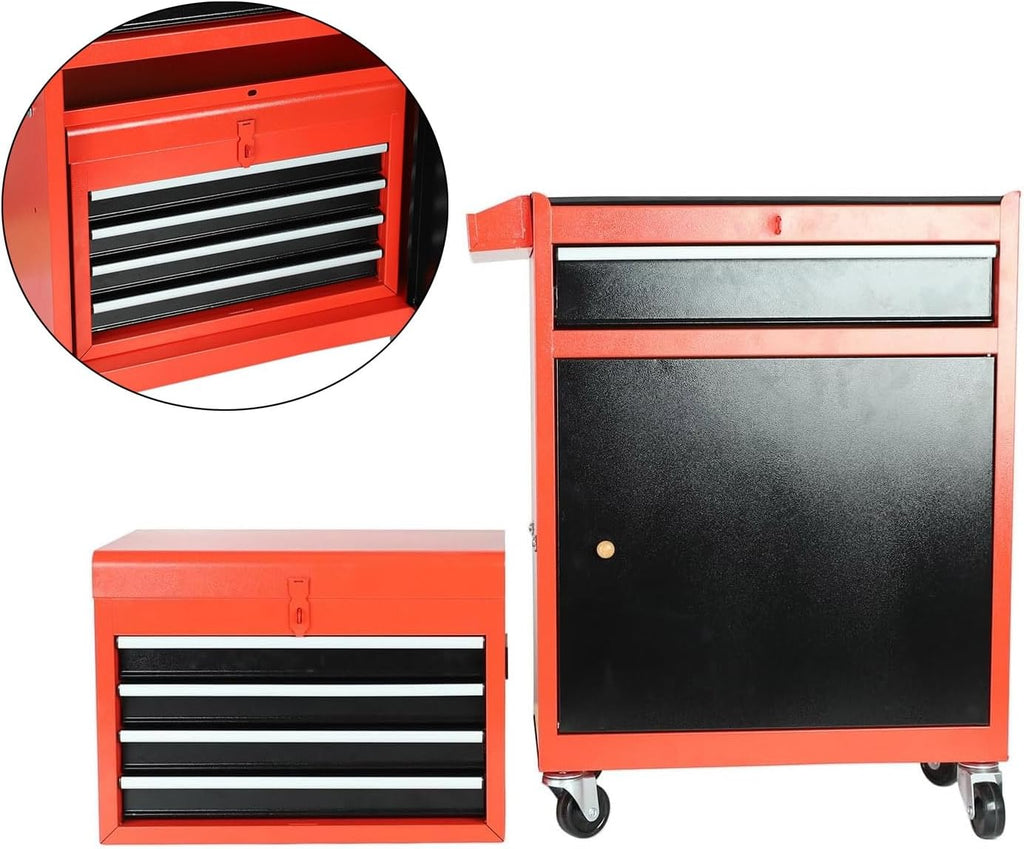 5-Drawer Rolling Tool Chest, 2 in 1 Tool Storage Cabinet with Detachable Top, Steel Tool Box with Wheels, Red and Black, Lockable, for Garage Workshop