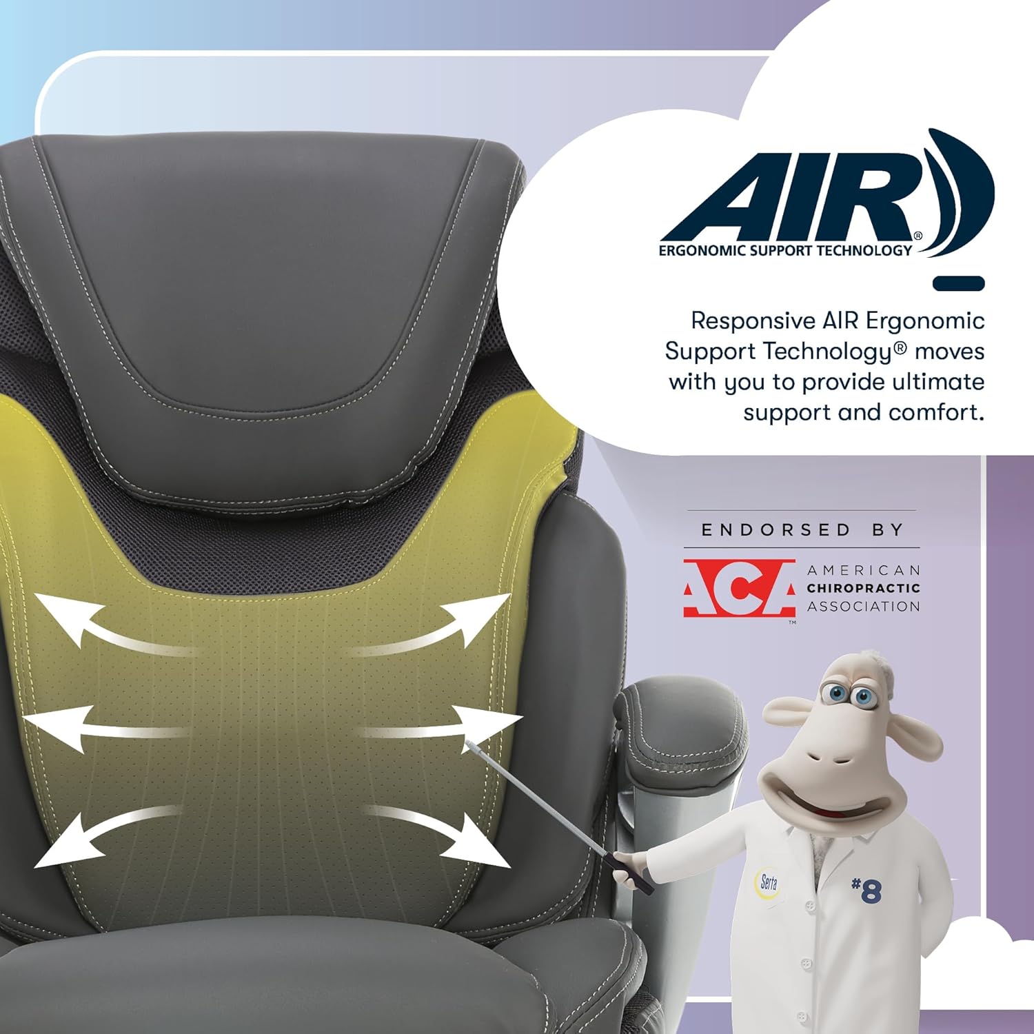 Serta Bryce Executive Office Chair - Ergonomic Computer Desk Chair with Patented AIR Lumbar Technology - Adjustable Height - Memory Foam Body Pillows - 360° Swivel Rolling Base - Bonded Leather - Gray