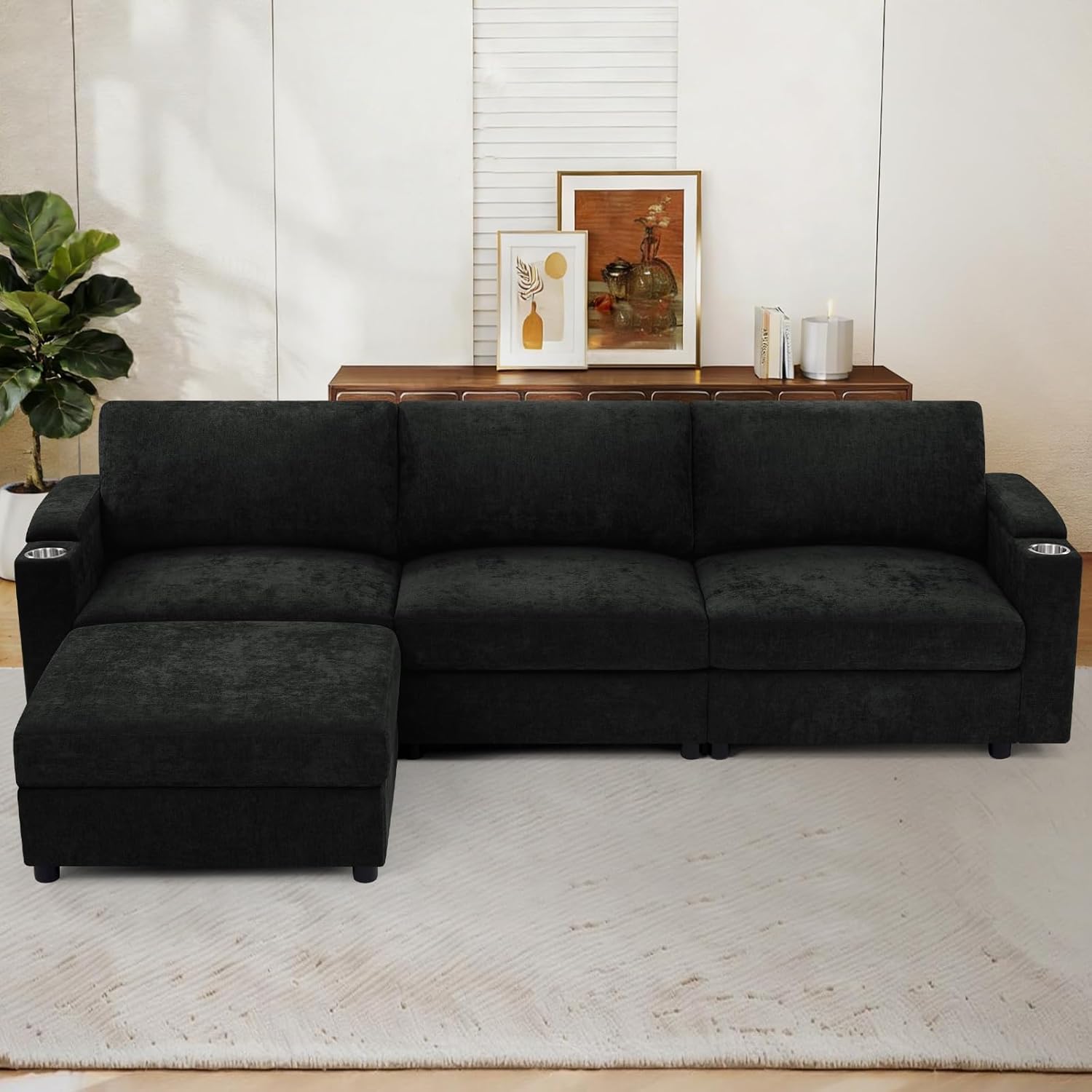 108'' Chenille Sectional Couch with Storage Armrests,L Shaped Upholstered Sofa with Movable Ottoman, 4-Seat Modular Couch with Cup Holders for Living Room, Black