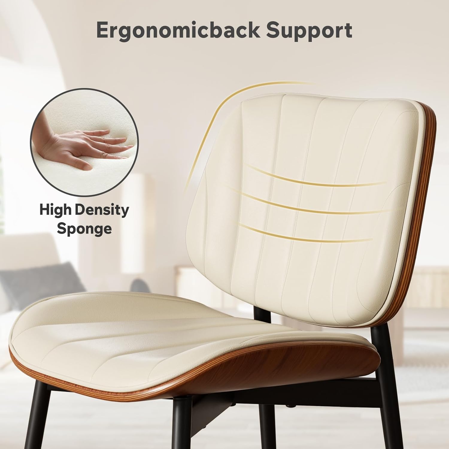 Dining Chairs Set of 4, Mid Century Modern Dining Room Chairs, Upholstered Faux Leather Kitchen Chair with Walnut Bentwood Back for Kitchen Dining Room Living Room, Beige