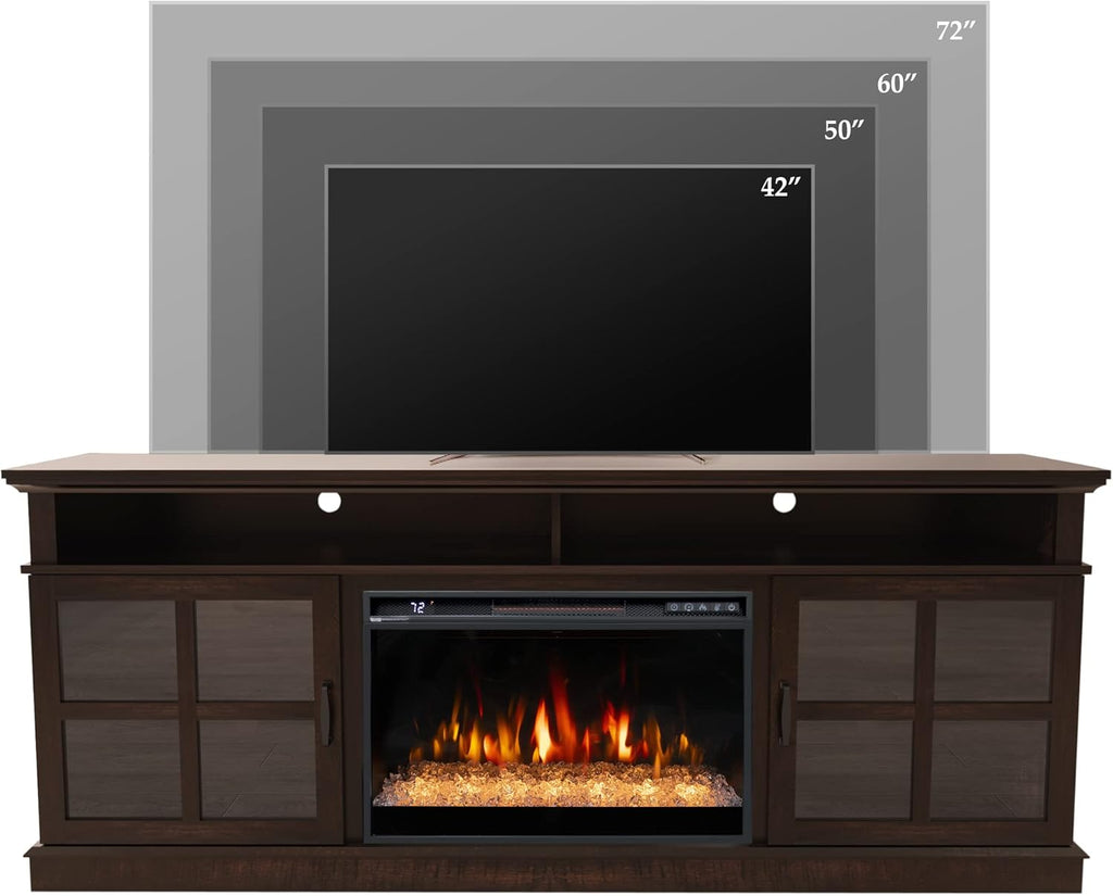 72" Fireplace TV Stand for TVs Up to 80", Entertainment Center with 26" Electric Fireplace, 5 Flame Colors Control with Remote, Modern Farmhouse Cabinet Console Glass Door, Brown