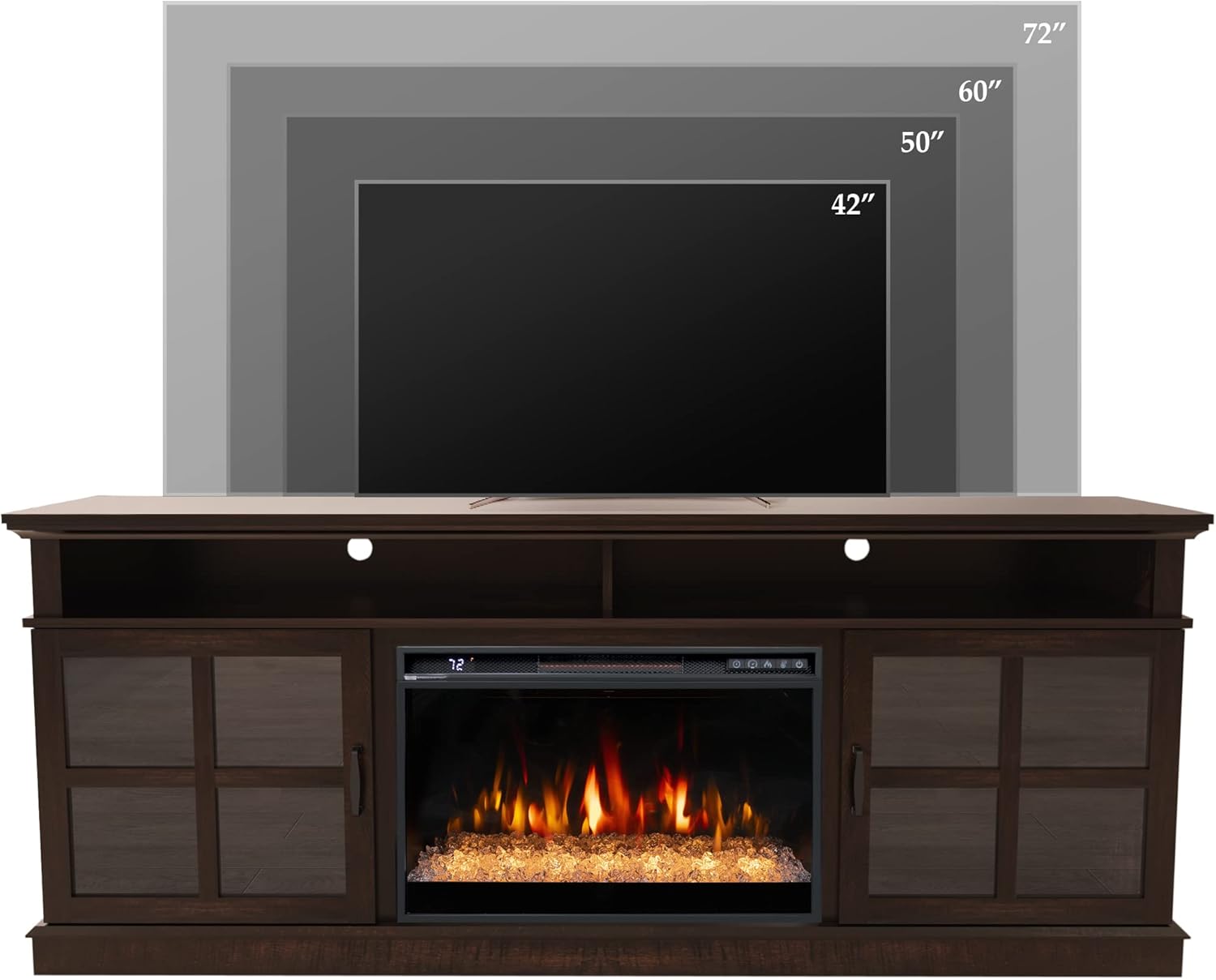72" Fireplace TV Stand for TVs Up to 80", Entertainment Center with 26" Electric Fireplace, 5 Flame Colors Control with Remote, Modern Farmhouse Cabinet Console Glass Door, Brown