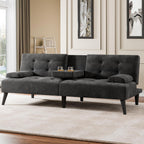 Meilocar 64" Futon Sofa Bed, 64" Convertible Loveseat with 2 Cup Holders, Small Couch with 3 Adjustable Angles & Removable Armrest, Sleeper Sofa for Apartment, 5.3 FT, Black