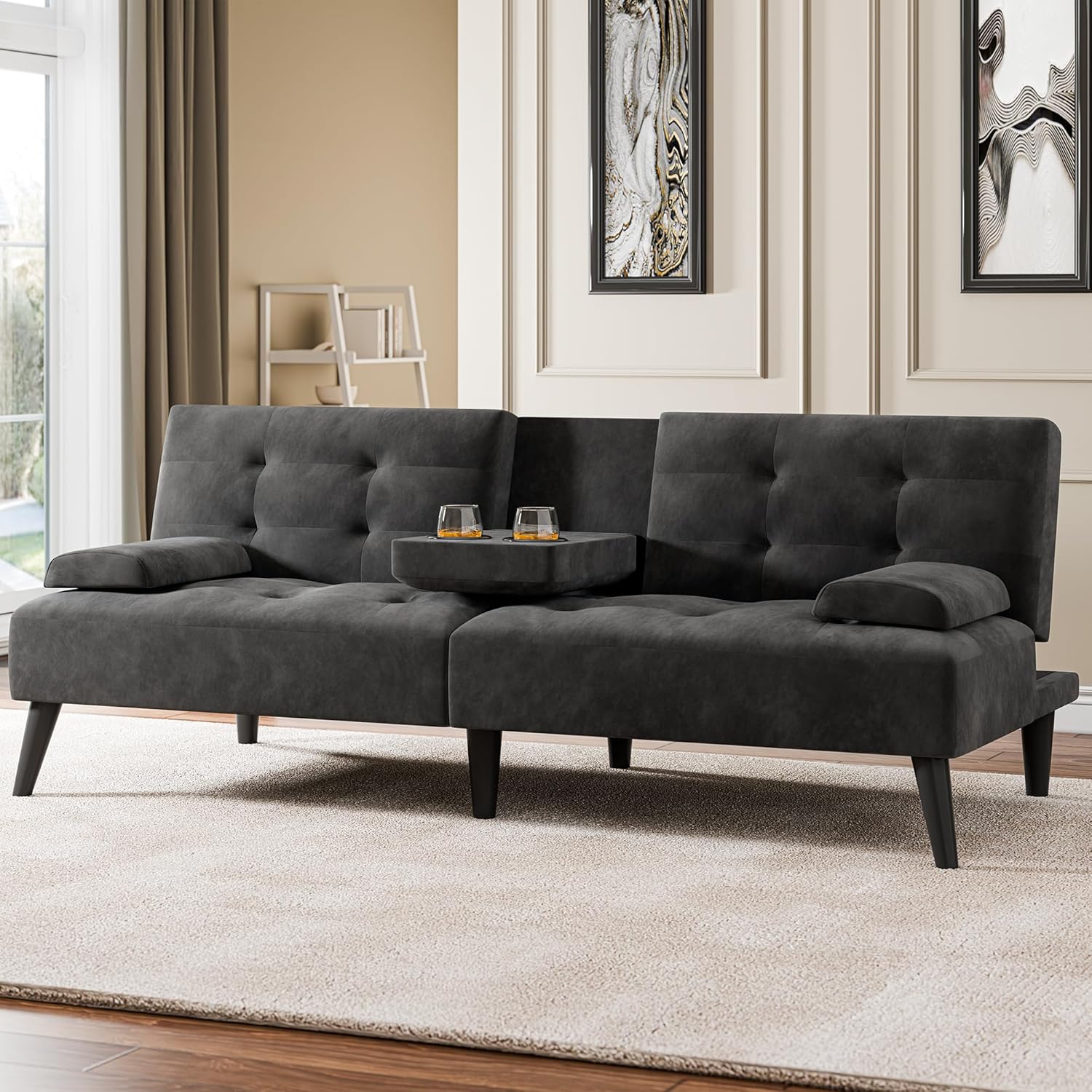 Meilocar 64" Futon Sofa Bed, 64" Convertible Loveseat with 2 Cup Holders, Small Couch with 3 Adjustable Angles & Removable Armrest, Sleeper Sofa for Apartment, 5.3 FT, Black